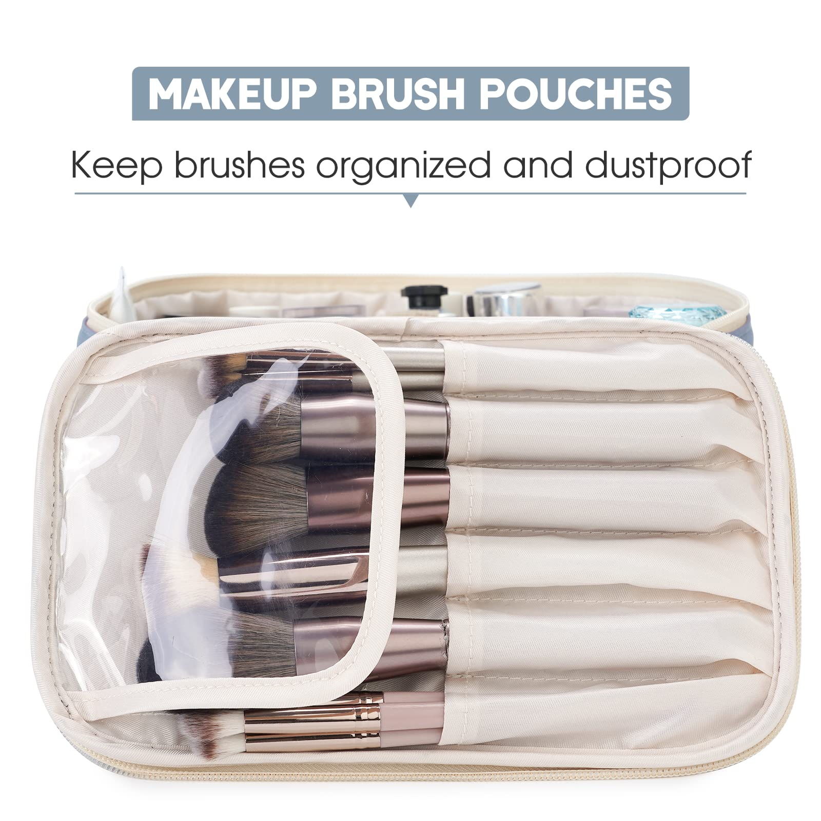 Narwey Travel Makeup Bag with Brush Compartments,Portable Cosmetic Bag,Make up Bag Makeup Organizer Case with Brush Storage for Women (Greyish Blue-1)