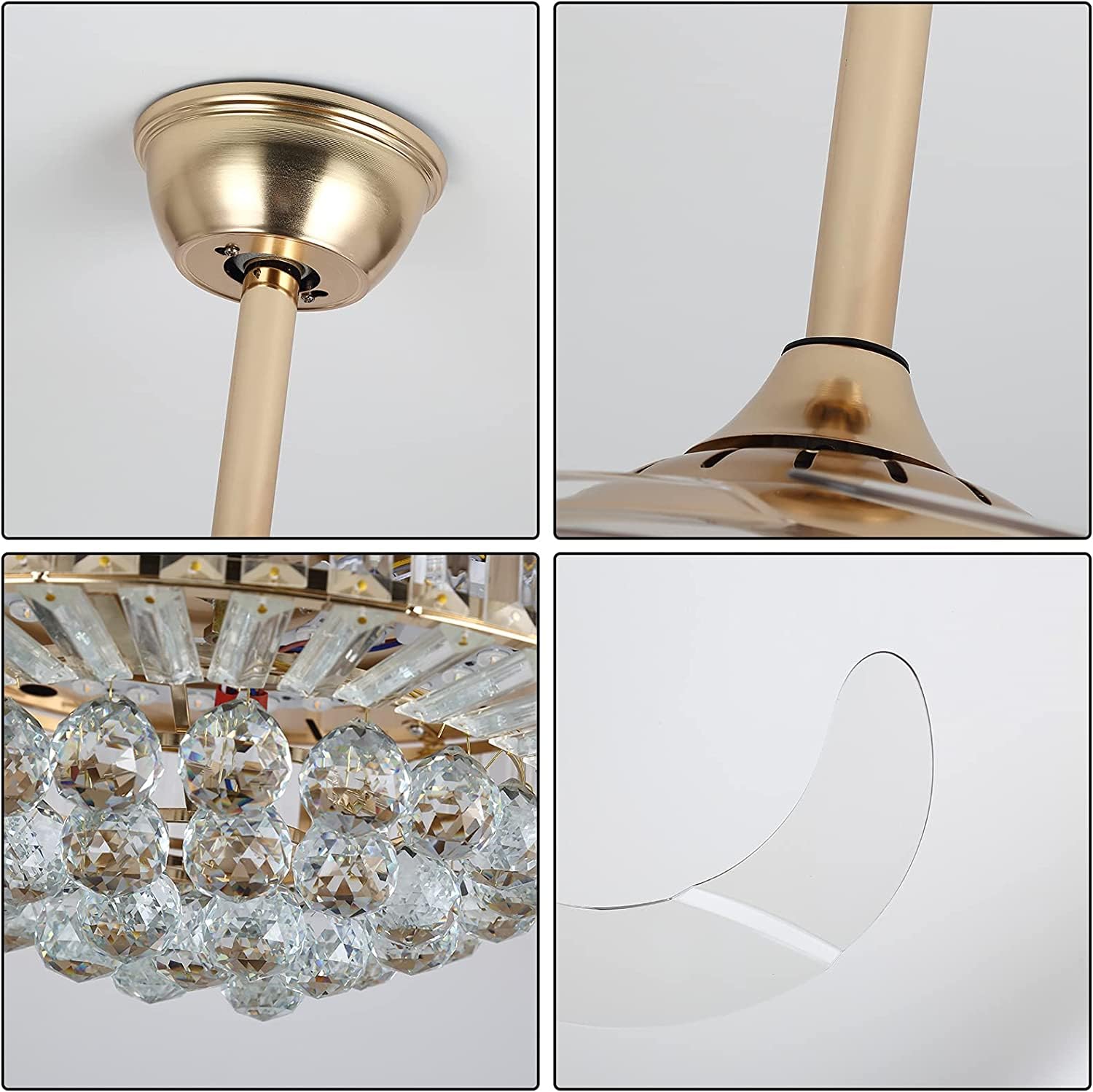 36'' Stepless Dimming Chandelier Crystal Ceiling Fan with Lights, Reversible Modern Fandelier with Remote Retractable Invisible Blades 6 Speeds Indoor Ceiling Fan Light for Living Room Bedroom Kitchen
