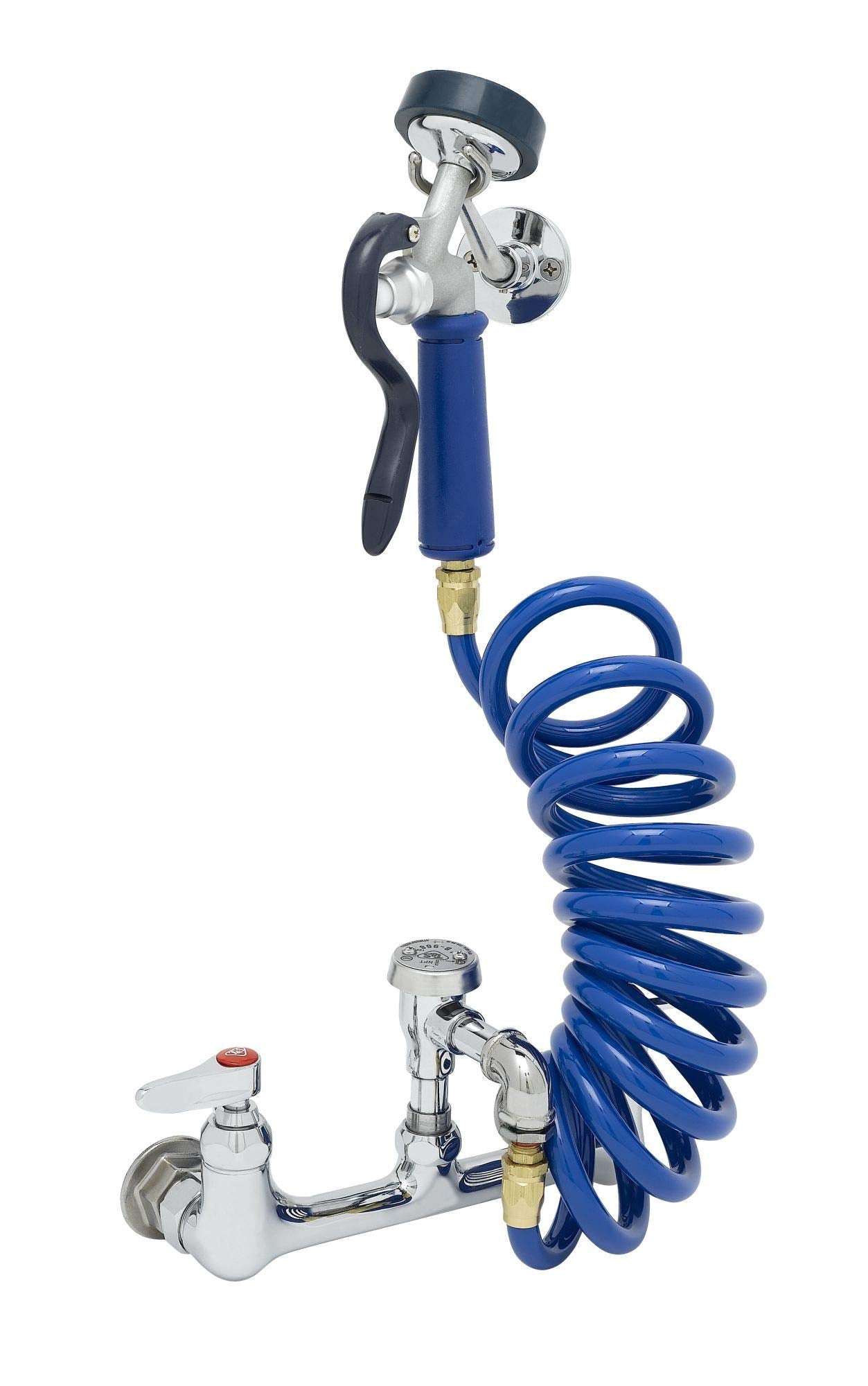 T&S Brass PG-8WREV Wall Mount Pet Grooming Faucet. 8" Centers with Spray Valve, 9 Foot Coiled Hose, and Vacuum Breaker.,Silver