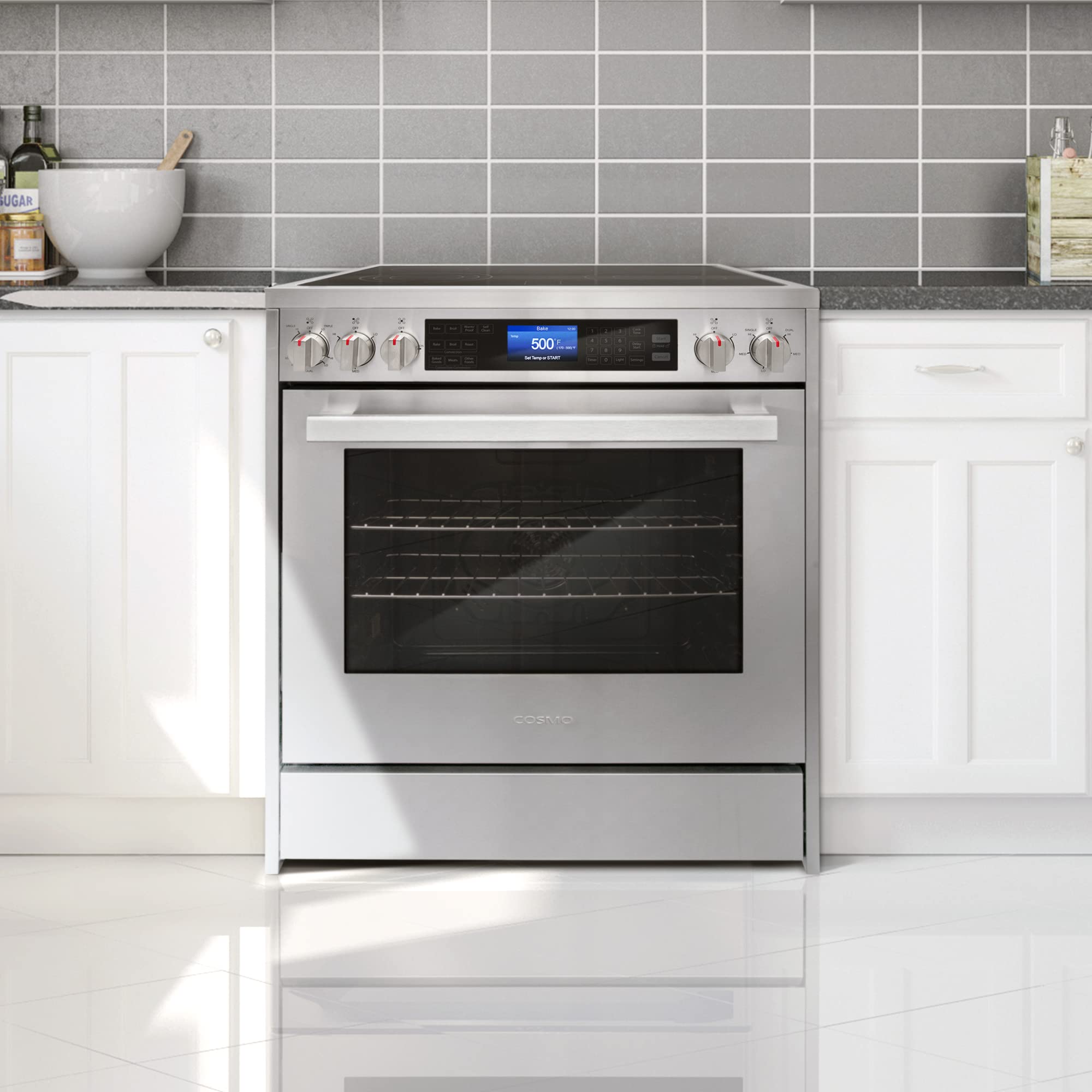 COSMO COS-305AERC 30 in. Vista Collection 5 cu. ft. Electric Ceramic Glass Range, 5 Burner Elements, Convection Oven, Stainless Steel
