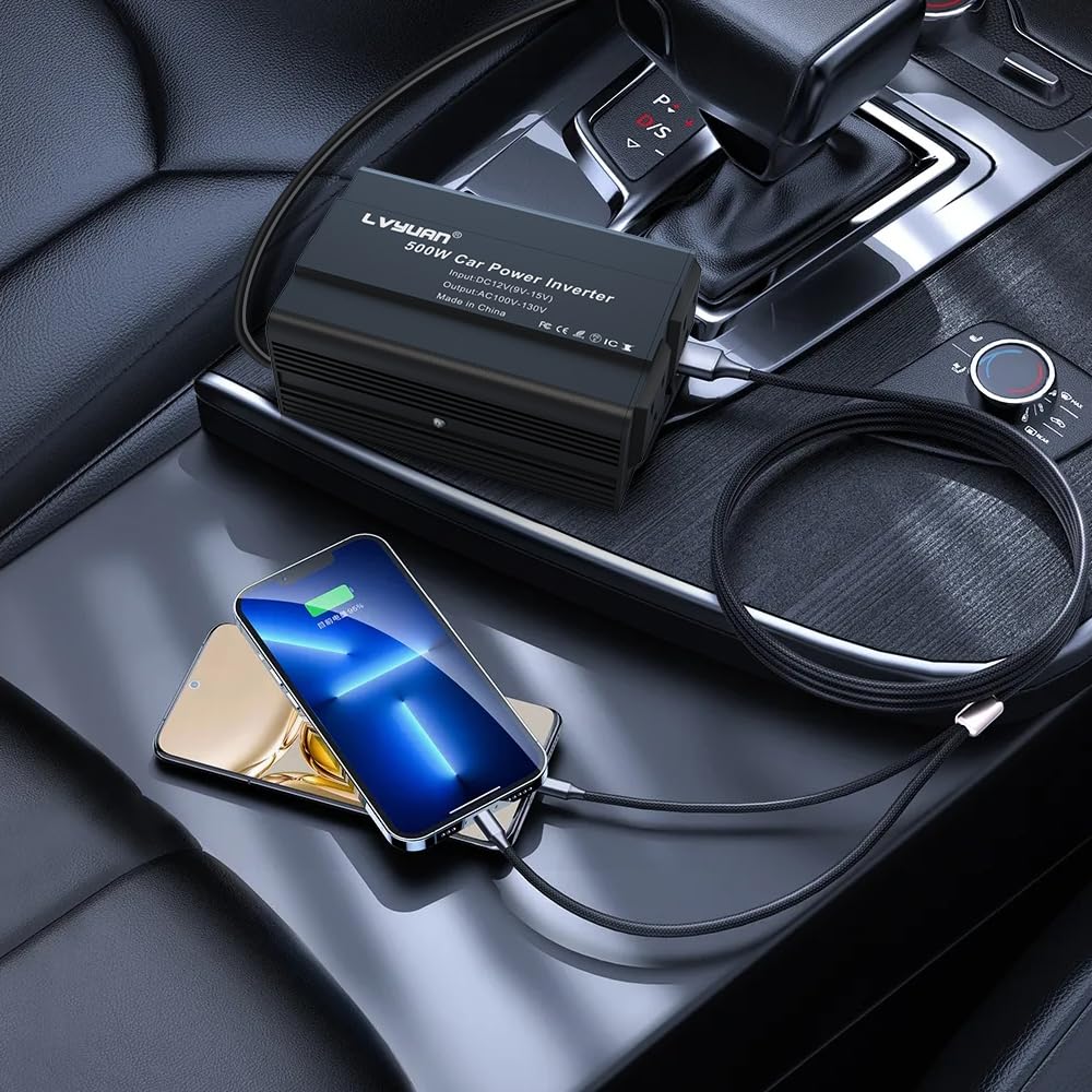 LVYUAN 500W Power Inverter for Vehicles DC 12V to 110V AC Car Plug Adapter Outlet Converter with 3.1A Dual USB Car Charger for Laptop Computer Black