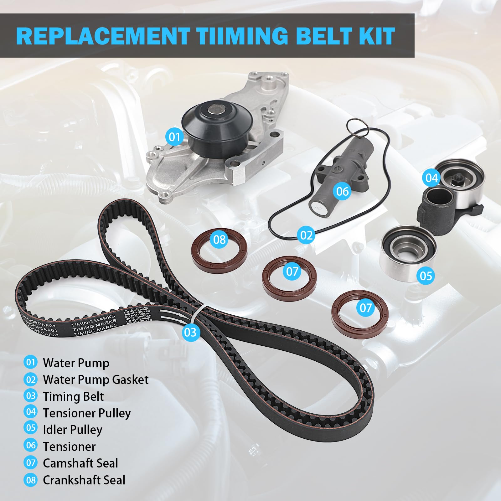 Timing Belt Kit with Water Pump for 3.0L 3.5L 3.7L 2003-2017 Honda Accord, Pilot, Odyssey, Ridgeline, Acura MDX, RDX, RL TL, TSX, ZDX - Replace # TCKWP329 TKH-002 - Timing Belt Water Pump Kit