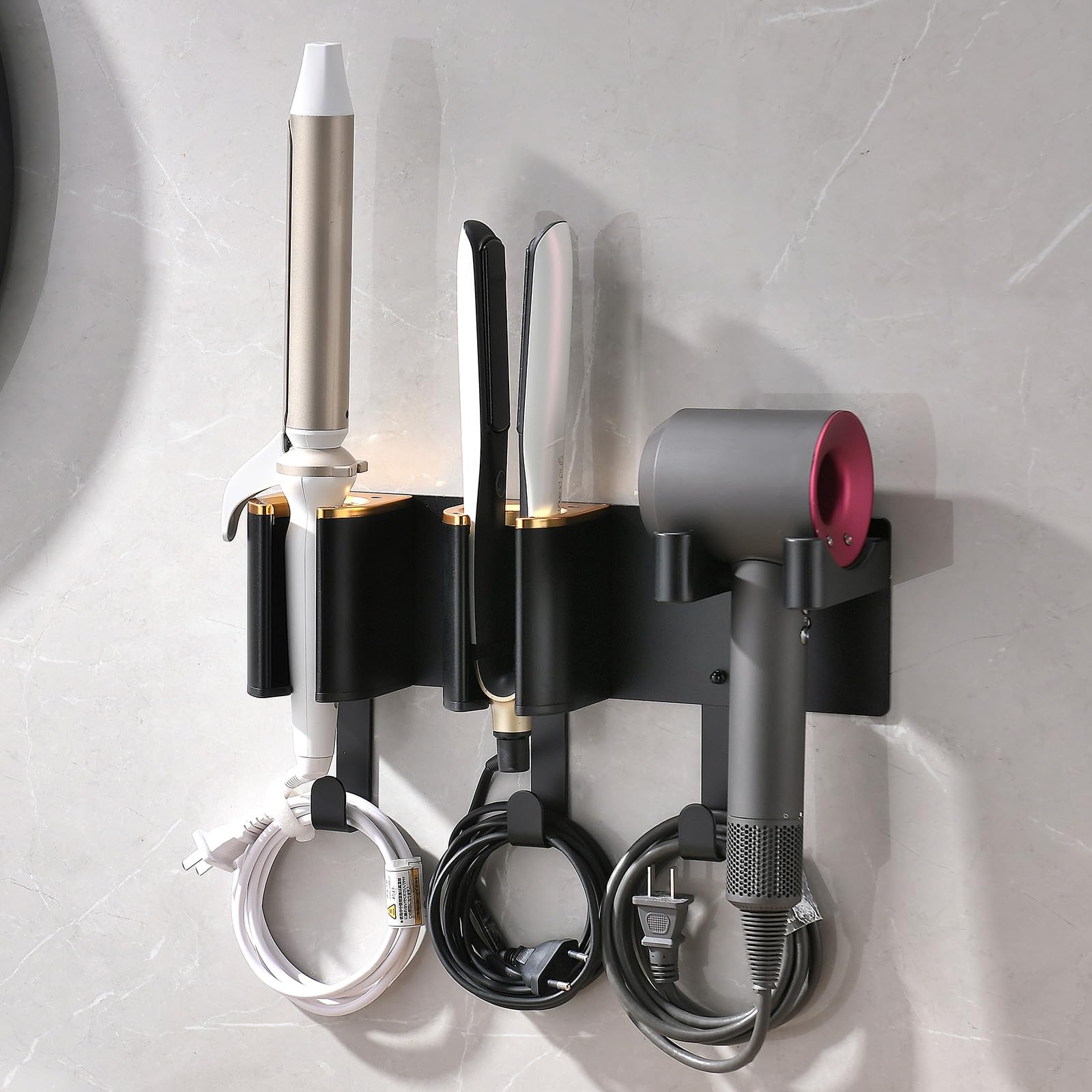 HAVICATO Hair Dryer Holder Wall Mount, Curling Iron Holder, 3 in 1 Hair Tool Organizer for Bathroom Vanity, Hair Straightener Holder, Aluminum Alloy Black