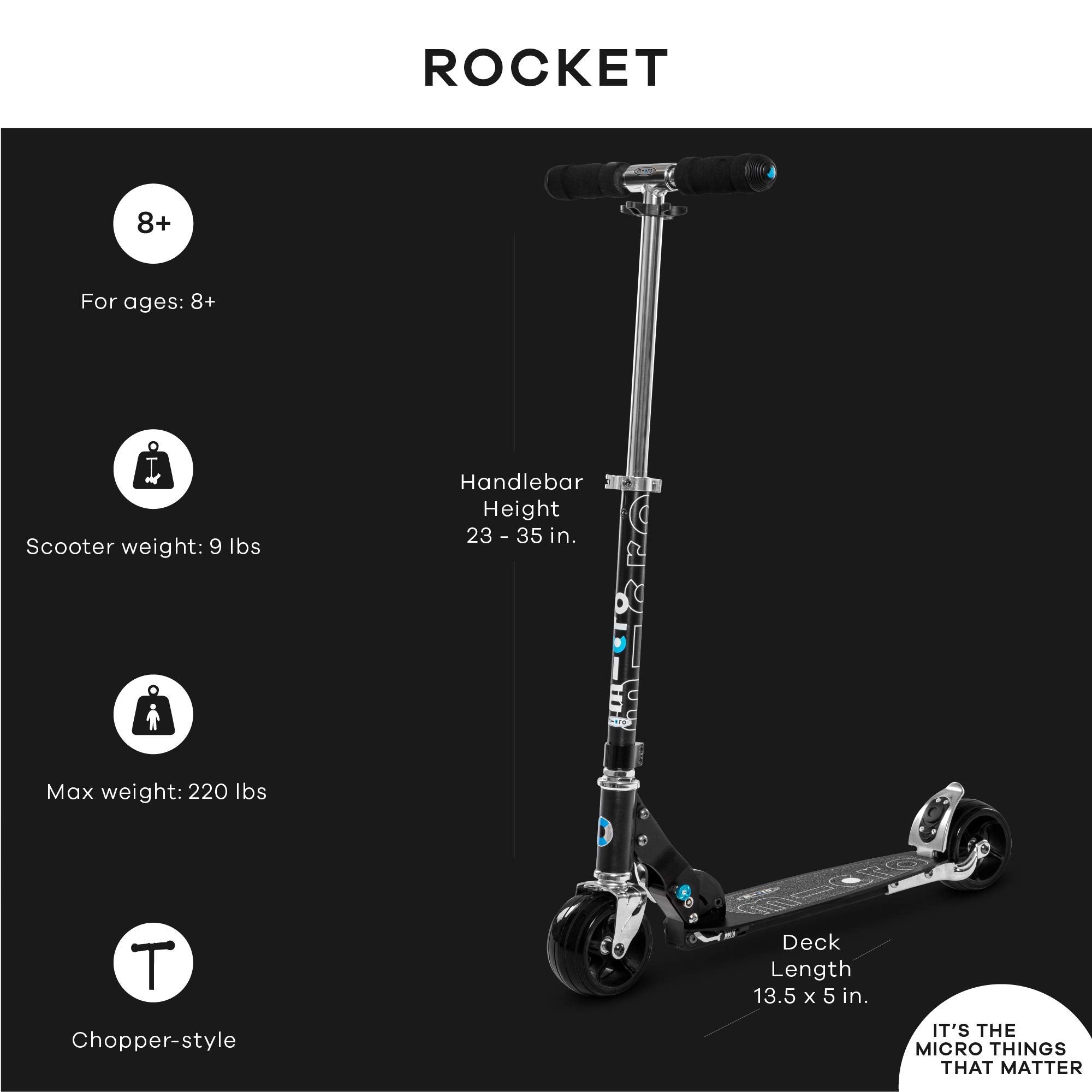 Micro Kickboard Rocket Kick Scooter Ages 8-Teen (Black)