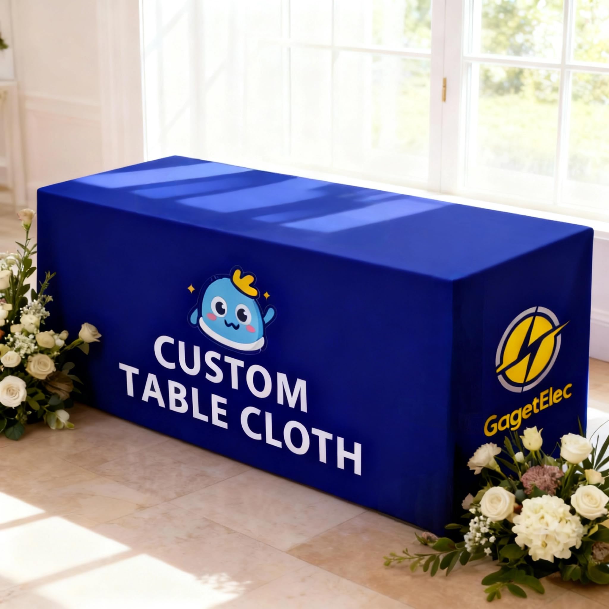 GagetElec Custom Table Cloth with Business Logo - 4FT/5FT/6FT/8FT/10FT Fitted Table Cover, Personalized Tablecloth for Trade Show, Wedding, Birthday, Anniversary & Business Events (4FT Open Back)
