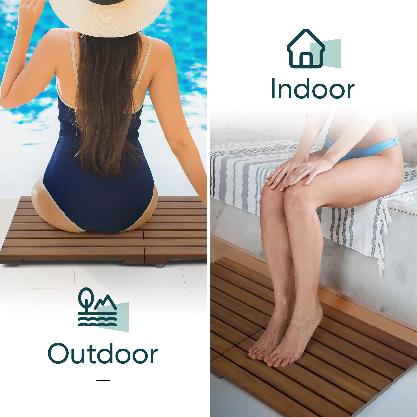 Smuxee Foldable Teak Wood Bath Mat, 23.2" x 16.2'' Shower Mat with Non-Slip, Wooden Floor Mat for Bathroom, Pool and Sauna