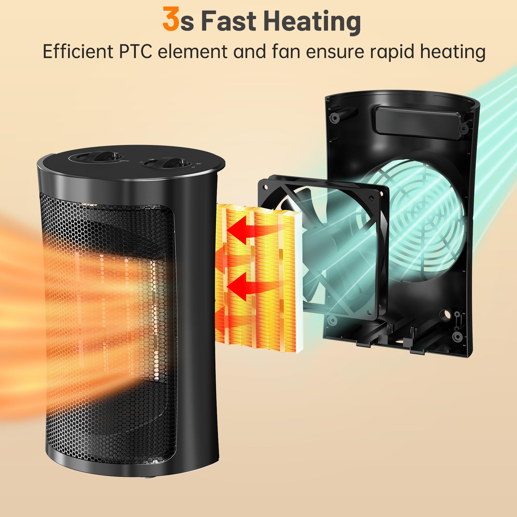 Space Heaters for Indoor Use, Portable 1500W/750W PTC Ceramic Space Heater, Small Space Heater with Thermostat, Three Modes, Overheat and Tip-Over Protection for Office Home