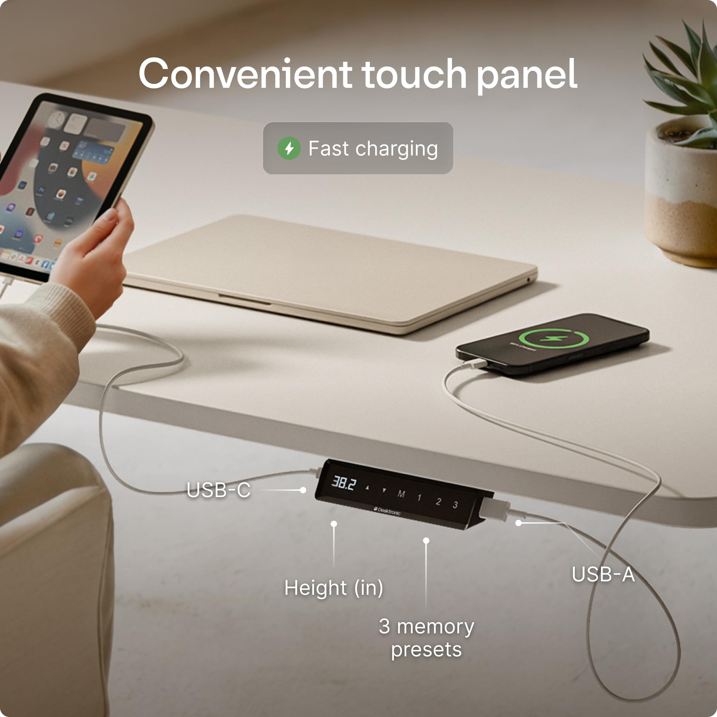 Desktronic HomeOne Standing Desk 48x24 — Ergonomic Sit Stand Home Office Desk, Made in Europe, Electric Dual Motor Height Adjustable, USB & USB-C Charging, Wobble-Free, Touchscreen, 3 Memory Presets