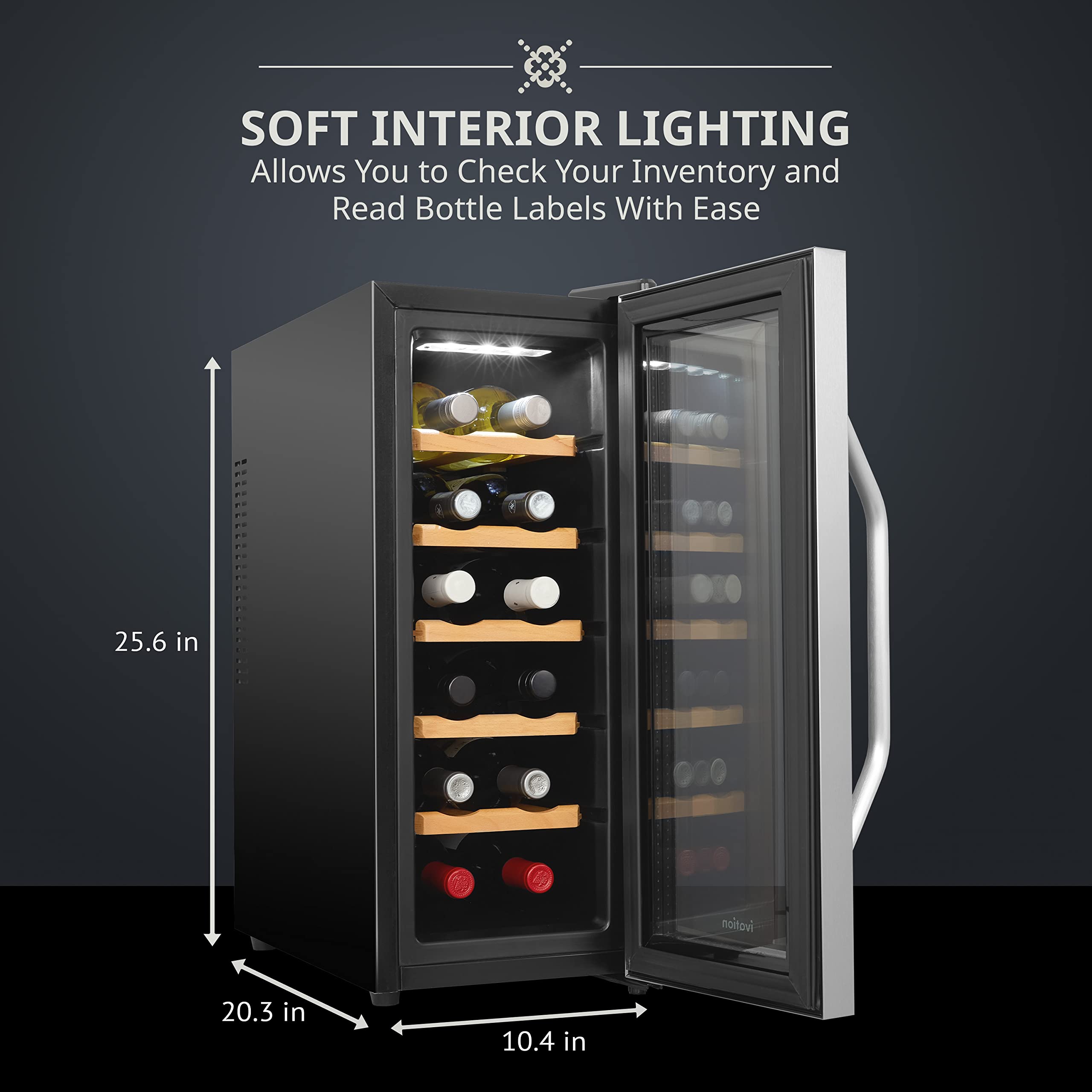 Ivation 12 Bottle Thermoelectric Wine Cooler/Chiller - Stainless Steel - Counter Top Red & White Wine Cellar w/Digital Temperature, Freestanding Refrigerator Smoked Glass Door Quiet Operation Fridge