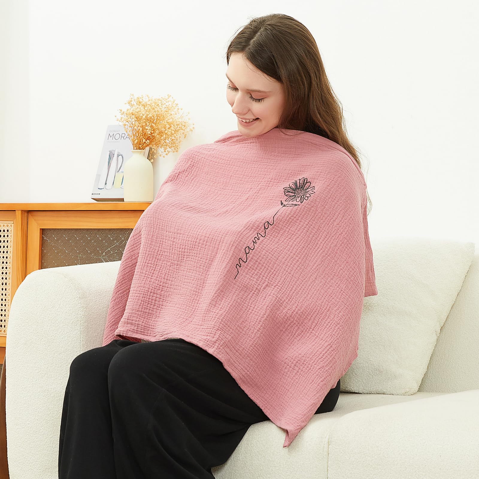 RWRWMOONPUT Muslin Nursing Cover for Baby Breastfeeding, Nursing Clothes with hoop for Mom Breathable, Cotton Multi-use Carseat Canopy (Dusty rose)