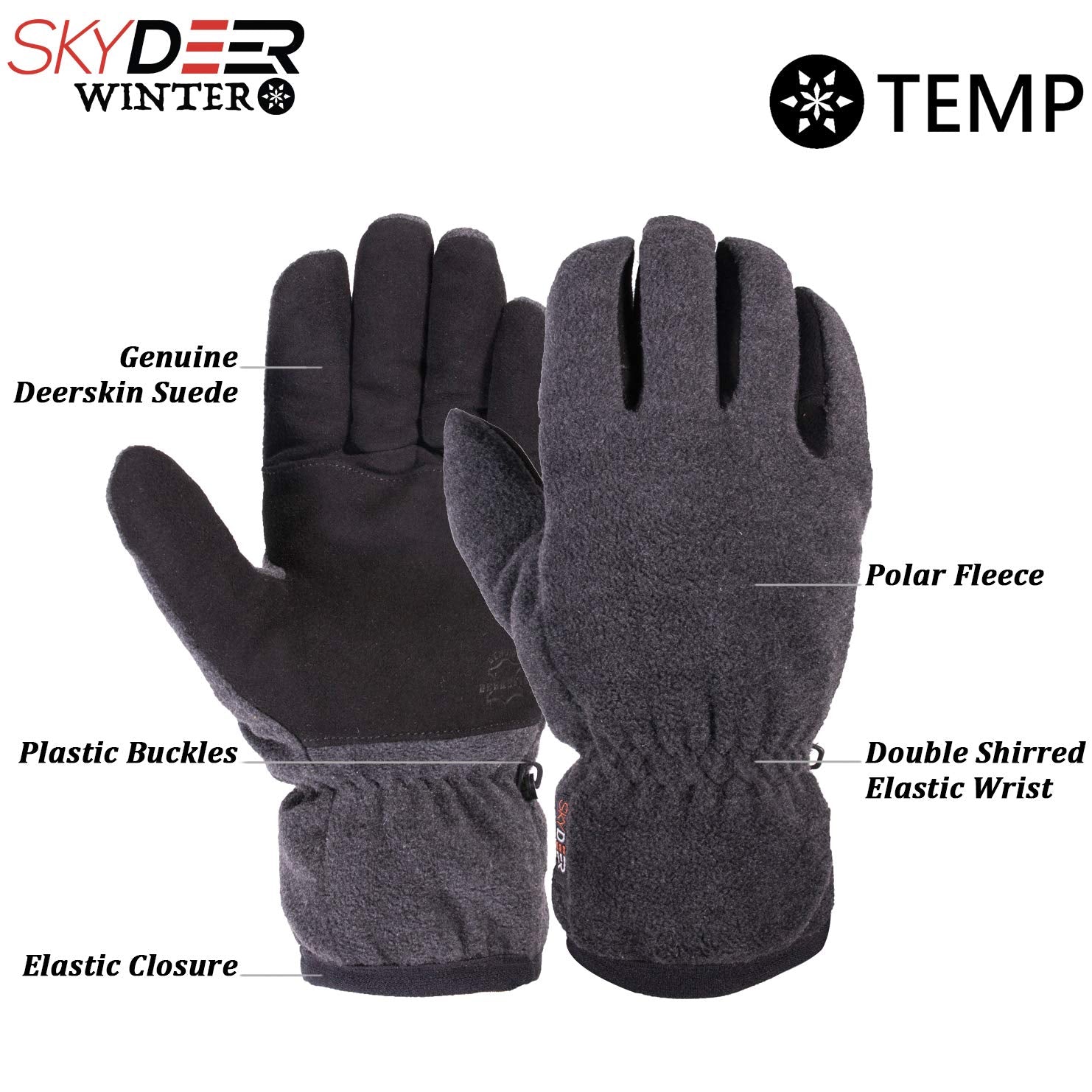 SKYDEER Winter Gloves with Soft Deerskin Suede Leather for Men and Women Cold Weather (SD8662T/L, Warm 3M Thinsulate Insulation)