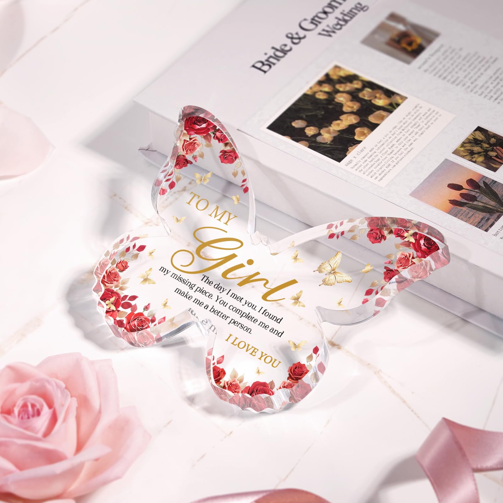 Glydein Gifts for Girlfriend Romantic, Girlfriend Christmas Gift - 5x3.8x0.5 Inch Butterfly Acrylic Plaque Decor - Christmas Anniversary Birthday Valentines Day Gift for Girlfriend, I Love You Gifts for Her