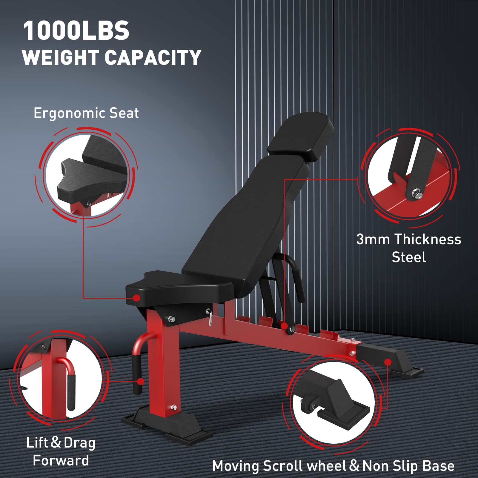 Mikolo Smith Machine with Weight Bench, Multifunction Power Cage and Cable Crossover, Workout Machine with Storage System, Band Pegs, Smith Bar and Other Attachments for Home Gym (Red & Red)