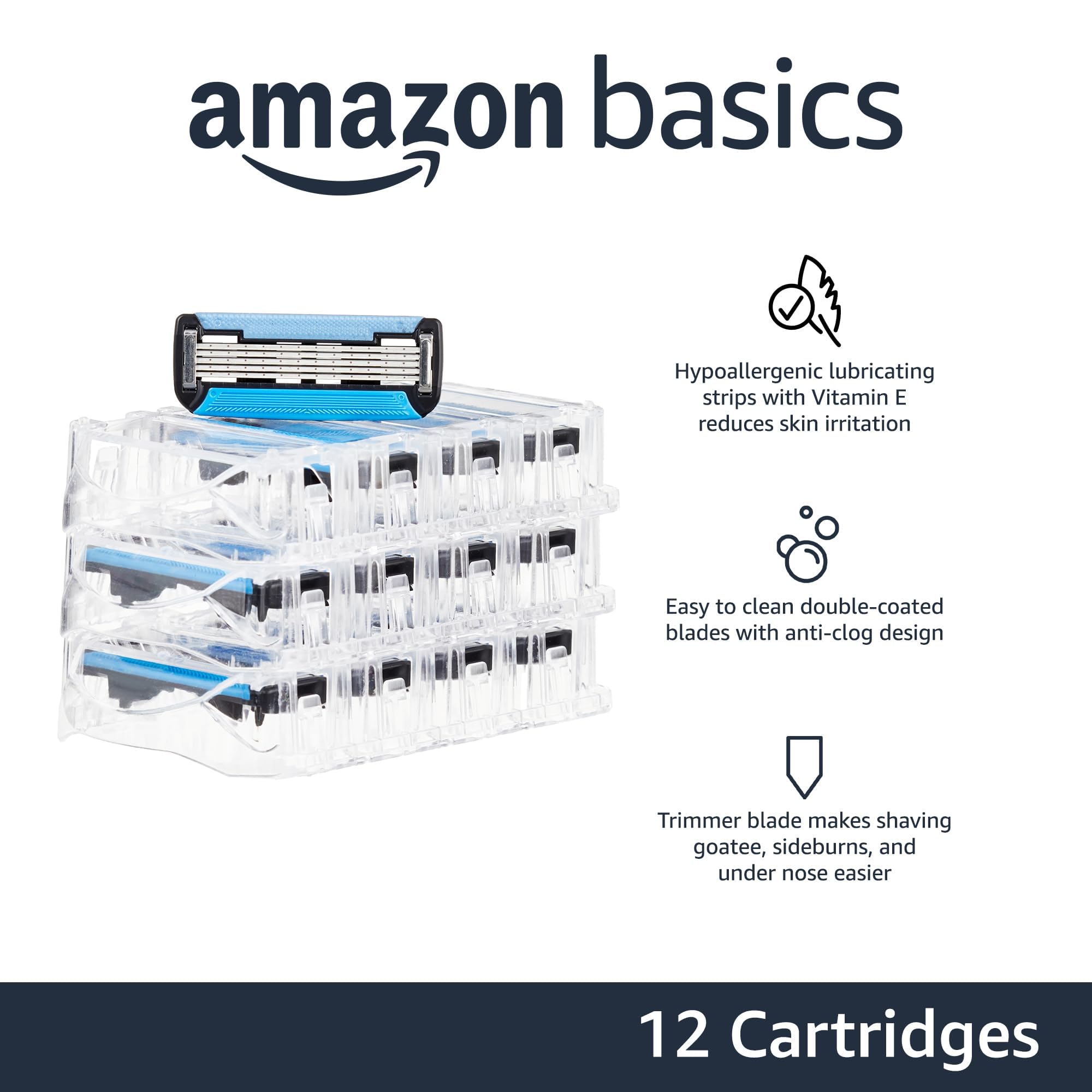 Amazon Basics 5-Blade Razor Refills for Men with Dual Lubrication and Precision Beard Trimmer, 12 Cartridges (Fits Amazon Basics Razor Handles only)