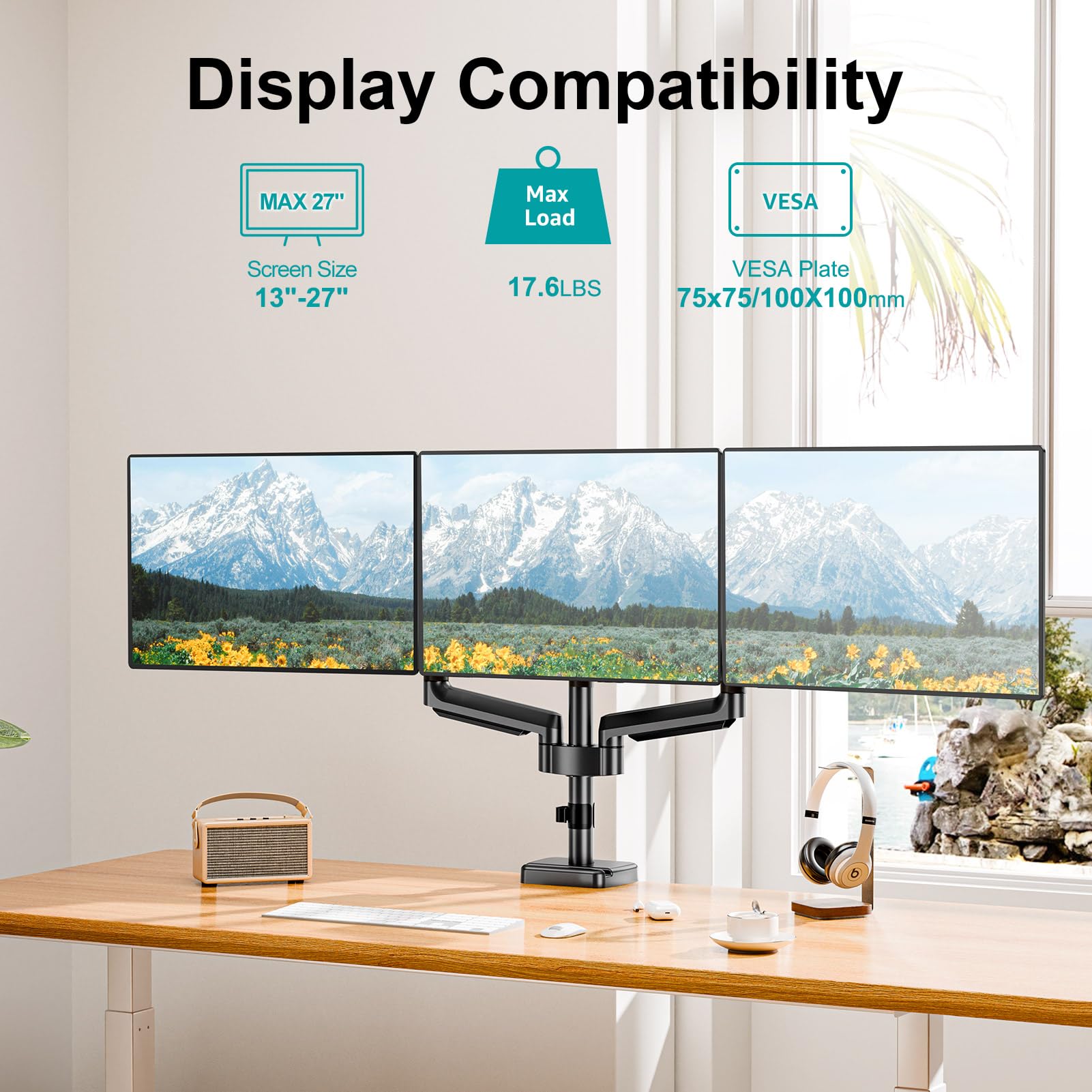 MOUNT PRO Triple Monitor Mount, 3 Monitor Desk Arm fits Three Max 27" LCD Computer Screens, up to 17.6lbs Each, Premium Gas Spring Monitor Stand with Tilt Swivel Rotation, Vesa Mount 75x75,100x100