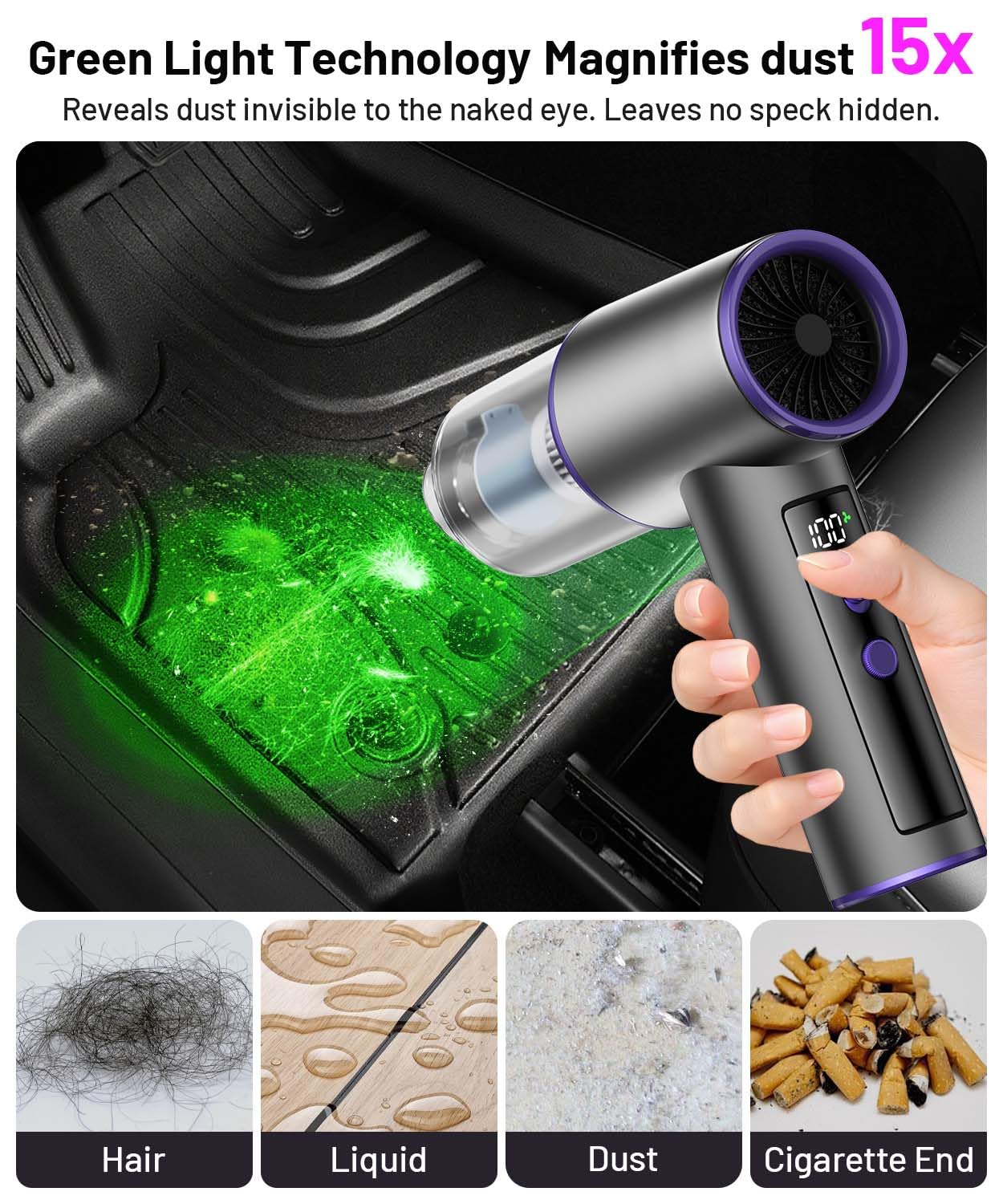 PHIXBEAR Upgrade 4in1 Greenlight Dust Detection Technology Cordless Car Vacuum Cleaner, High Power 15000PA Handheld Vacuum Portable with LED Display, Multi-Nozzles for Car, Home,Office,Camping