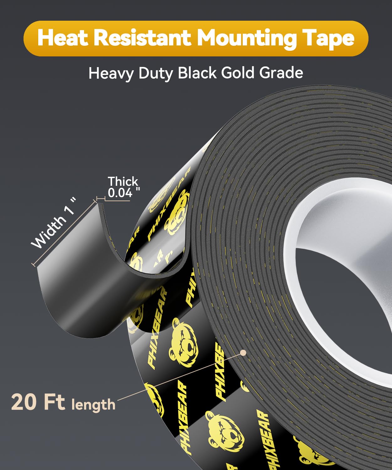 PHIXBEAR Double Sided Tape Heat Resistant Heavy Duty, Waterproof Outdoor Indoor Automotive Mounting Tape, Removable No Residue Super Strong Adhesion Foam Tape, 1" x 20FT