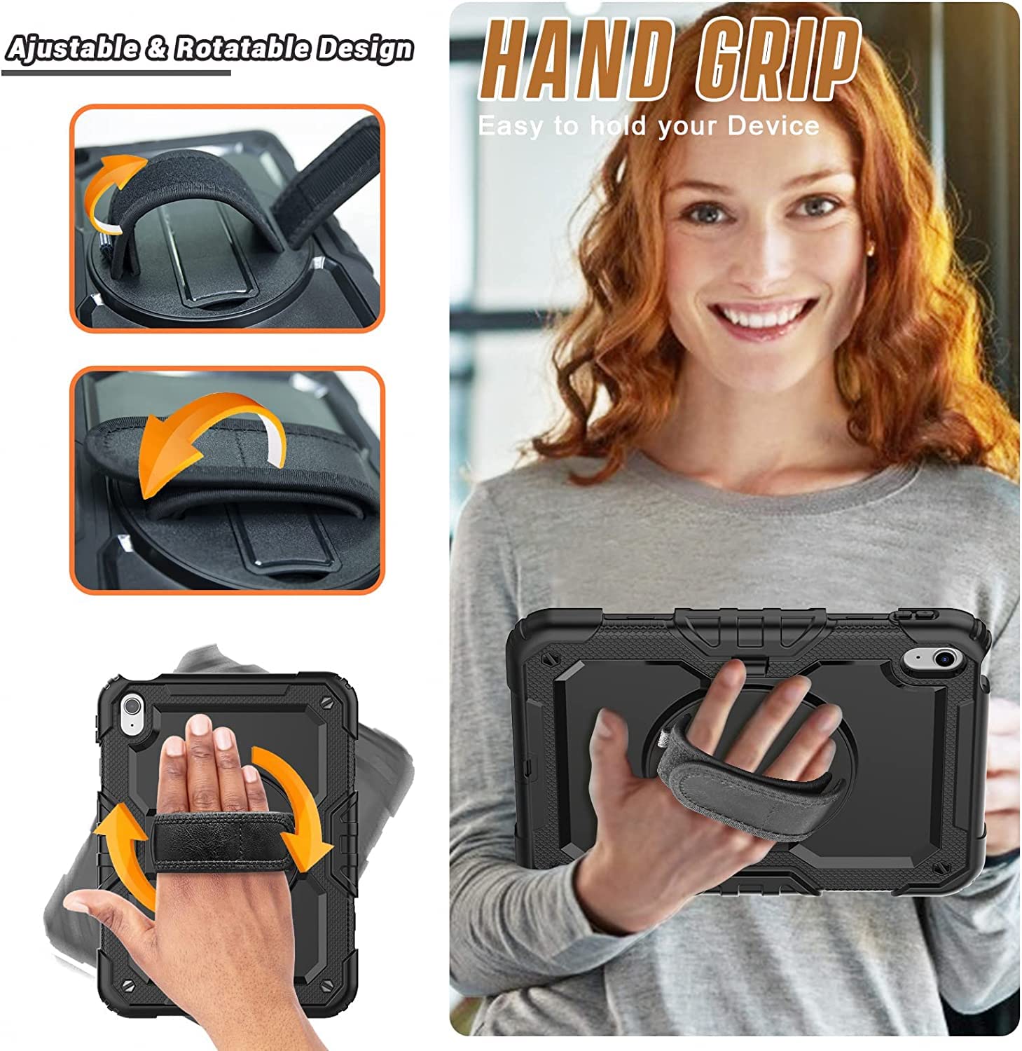 Herize iPad 10th Generation Rugged Protective Case 10.9 Inch with Screen Protector Pen Holder, Handle Shoulder Strap | iPad 10 Case A2757/A2777| Heavy Duty Shockproof | Black
