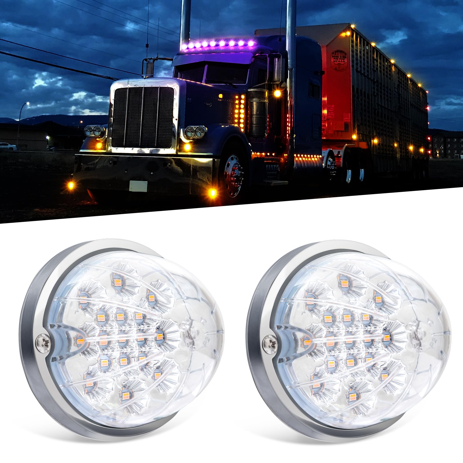 2PCS Dual Revolution Amber Turn Signal and Marker to Purple Auxiliary 17 LED Watermelon Lights, Clear Lens & Stainless Steel Bezel Marker Light for Freightliner Kenworth Peterbilt Trailer Heavy Truck