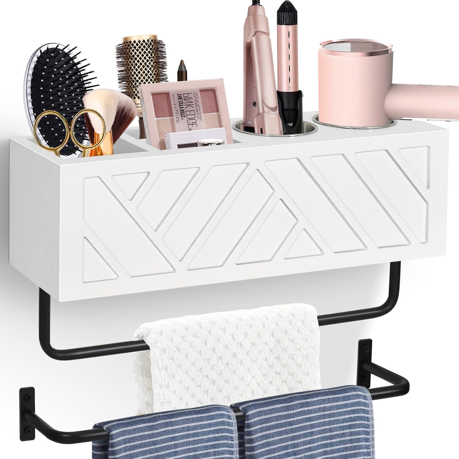 Hair Tool Organizer Wall Mount, Hair Dryer Holder with 2 Towel Bars, Wood Hot Tools Organizer, Rustic Bathroom Organizer Blow Dryer Holder for Bathroom Decor, Flat Iron, Curling Wand, Brushes(White)