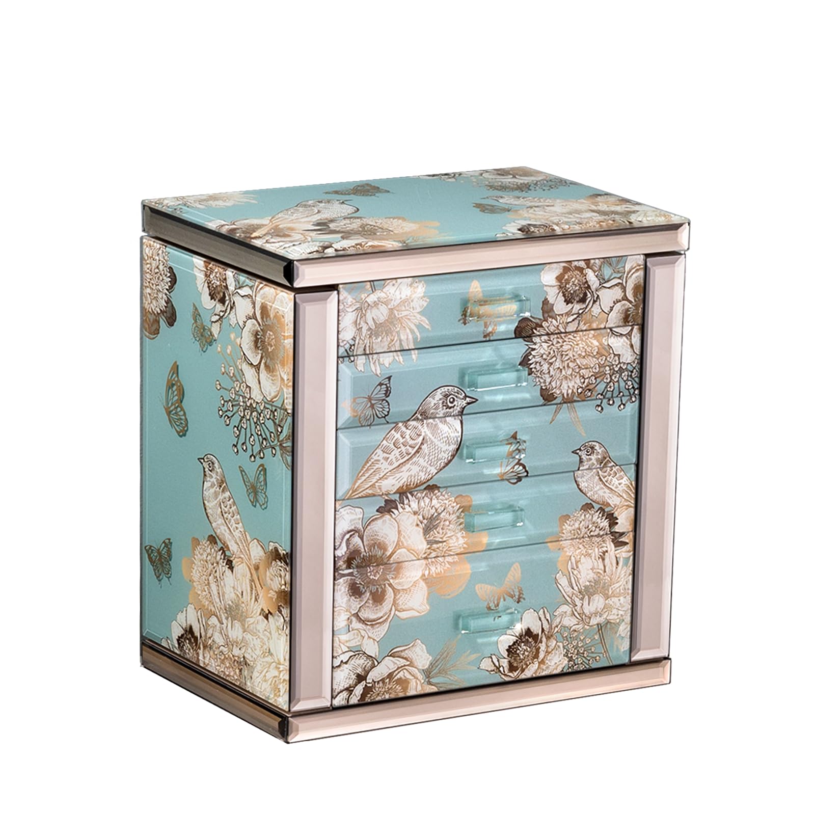 Homruilink High End Glass Jewelry Box, 5 Layer Jewelry Organizer for Women, Side Doors & Mirror, Velvet-Lined Storage for Rings & Necklaces, Fathers Day Gift for Dad (Bird & Floral)