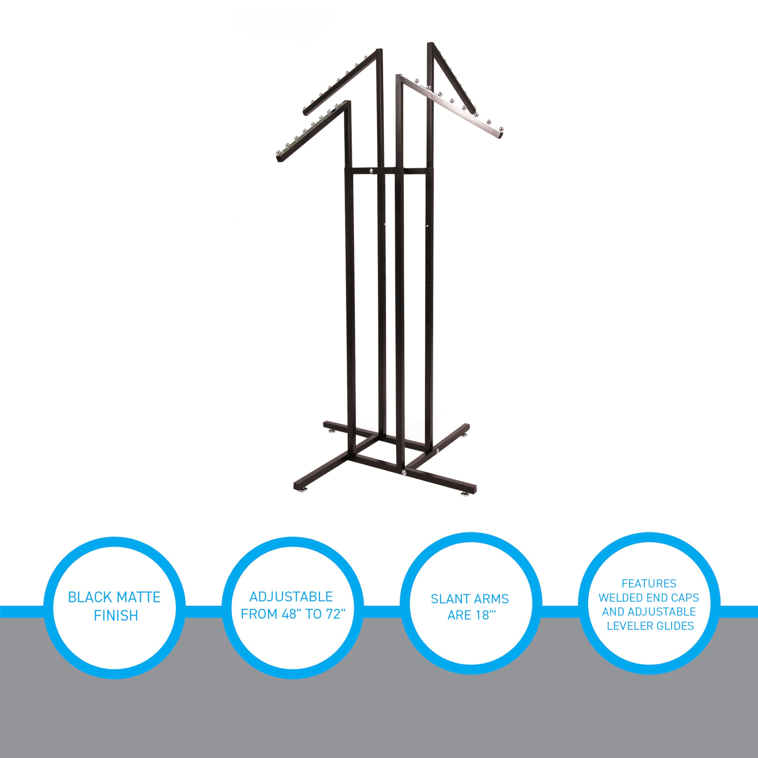SSWBasics Black 4 Way Adjustable Clothing Rack with Slanted Arms - Retail Clothing Rack Display - Adjustable Height Arms from 48" to 72" Perfect for Clothing Stores