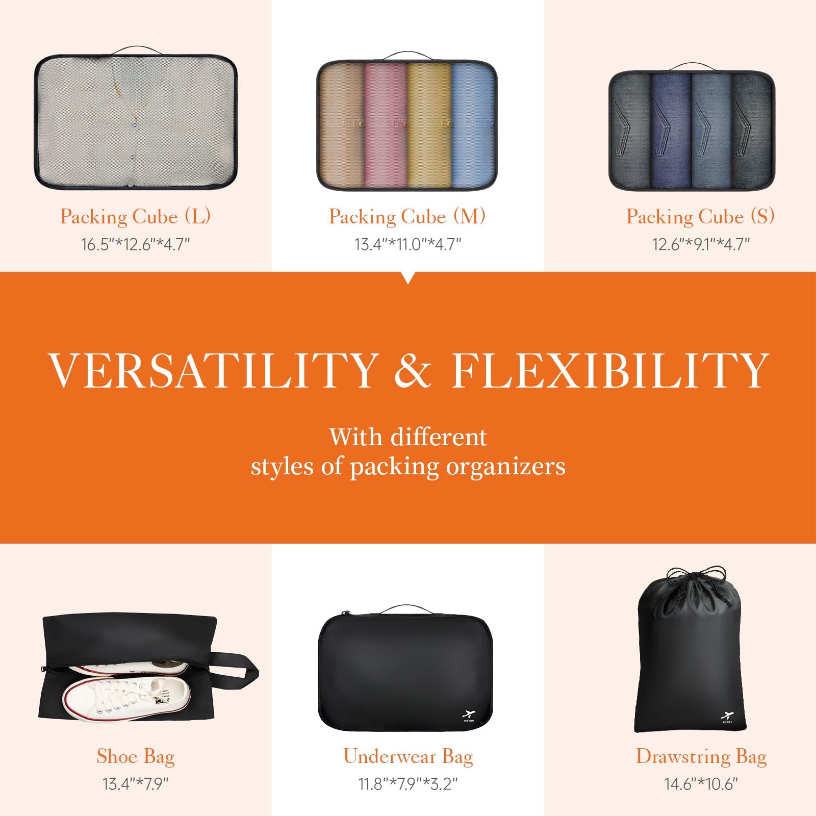 HOTOR Packing Cubes for Suitcases - 6 Pieces, Light Packing Cubes for Travel, Premium Suitcase Organizer Bags Set, Space-Saving Luggage Organizers, Travel Accessories and Essentials, Black