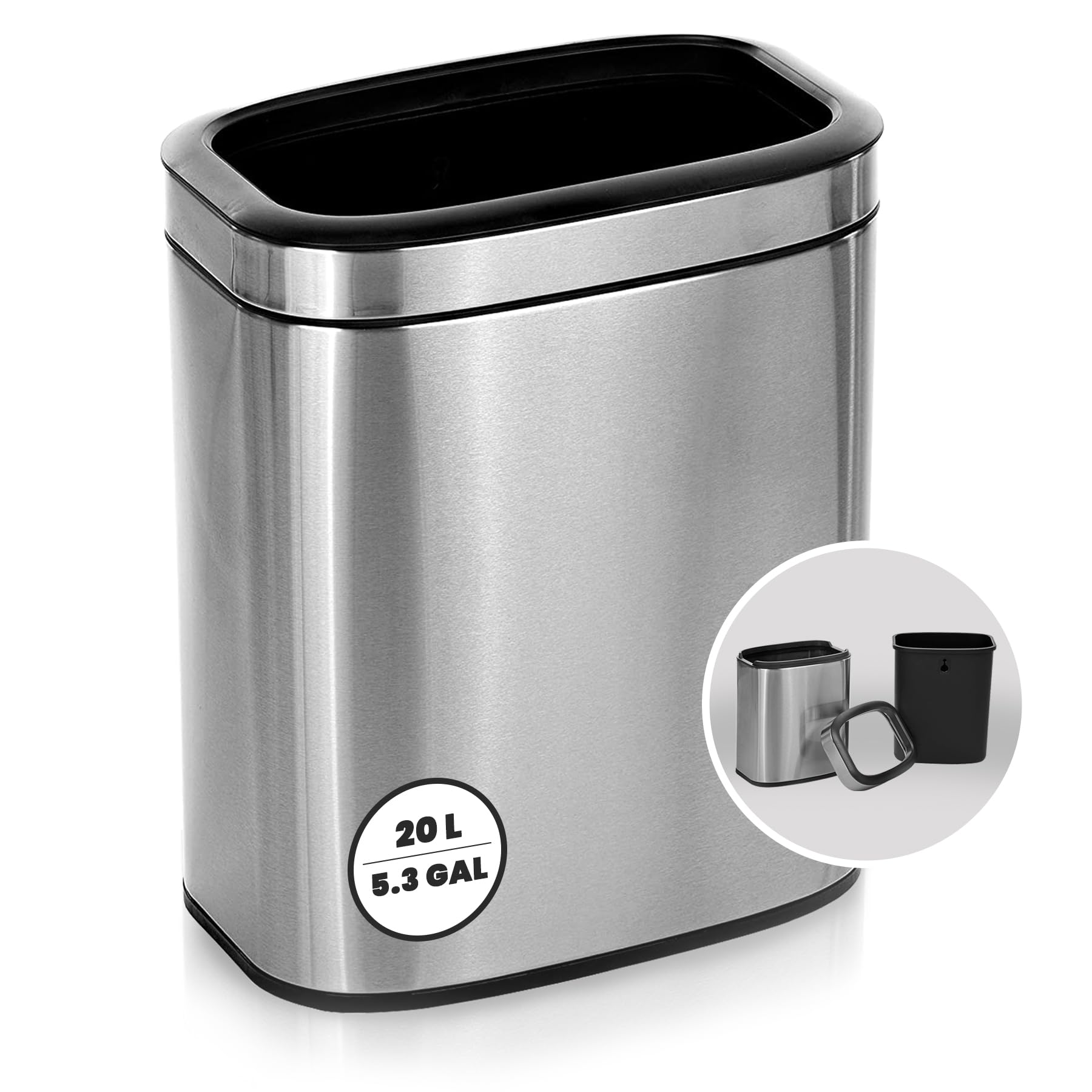 Alpine Stainless Steel Trash Can - Open Top, 20 Liter 5 Gallon Trash Can, Space-Saving Slim Modern Design with Removable Trash Bin, Brushed Stainless Steel Kitchen Trash Can, Silver, 18" x 14" x 9"