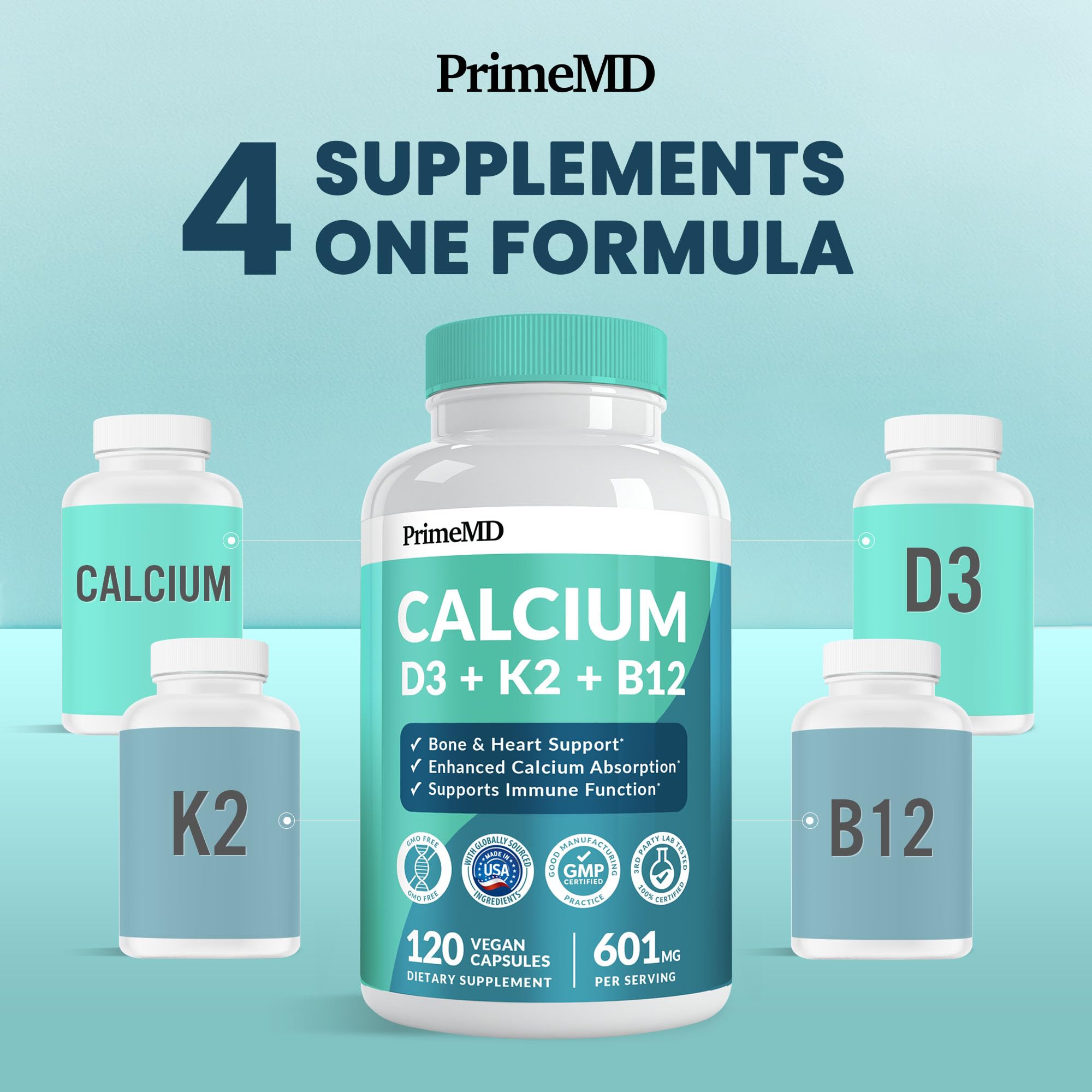 4-in-1 Calcium Supplements for Women and Men - Calcium with Vitamin D3 K2 5000 IU Supplement, 601mg per Serving - Gluten-Free, Vegan-Friendly (120 ct)
