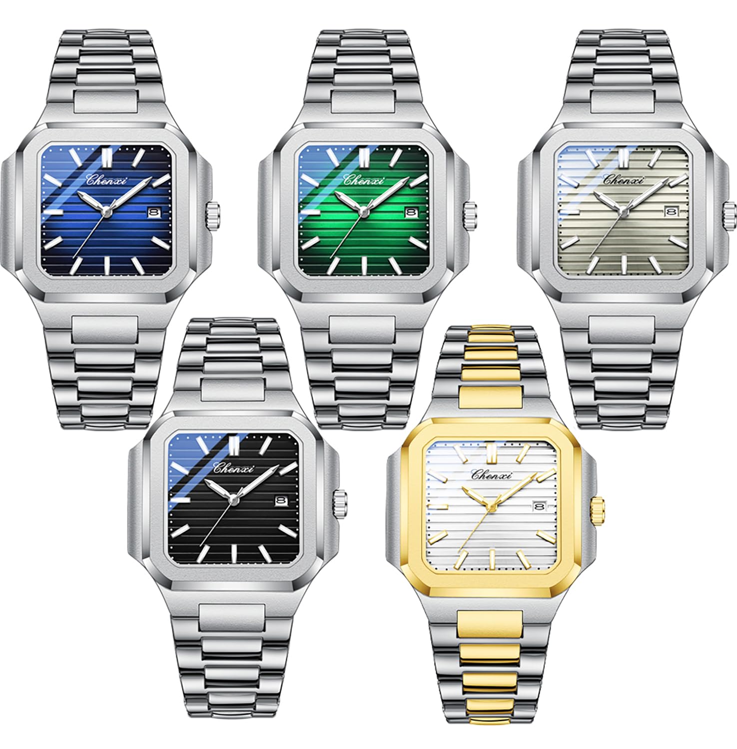 BESTKANG Men's Classic Square Watch - Silver Stainless Steel Analog Quartz Dress Watch with Luminous Hands, Date Calendar, 30M Water Resistant for Business Casual (Blue)