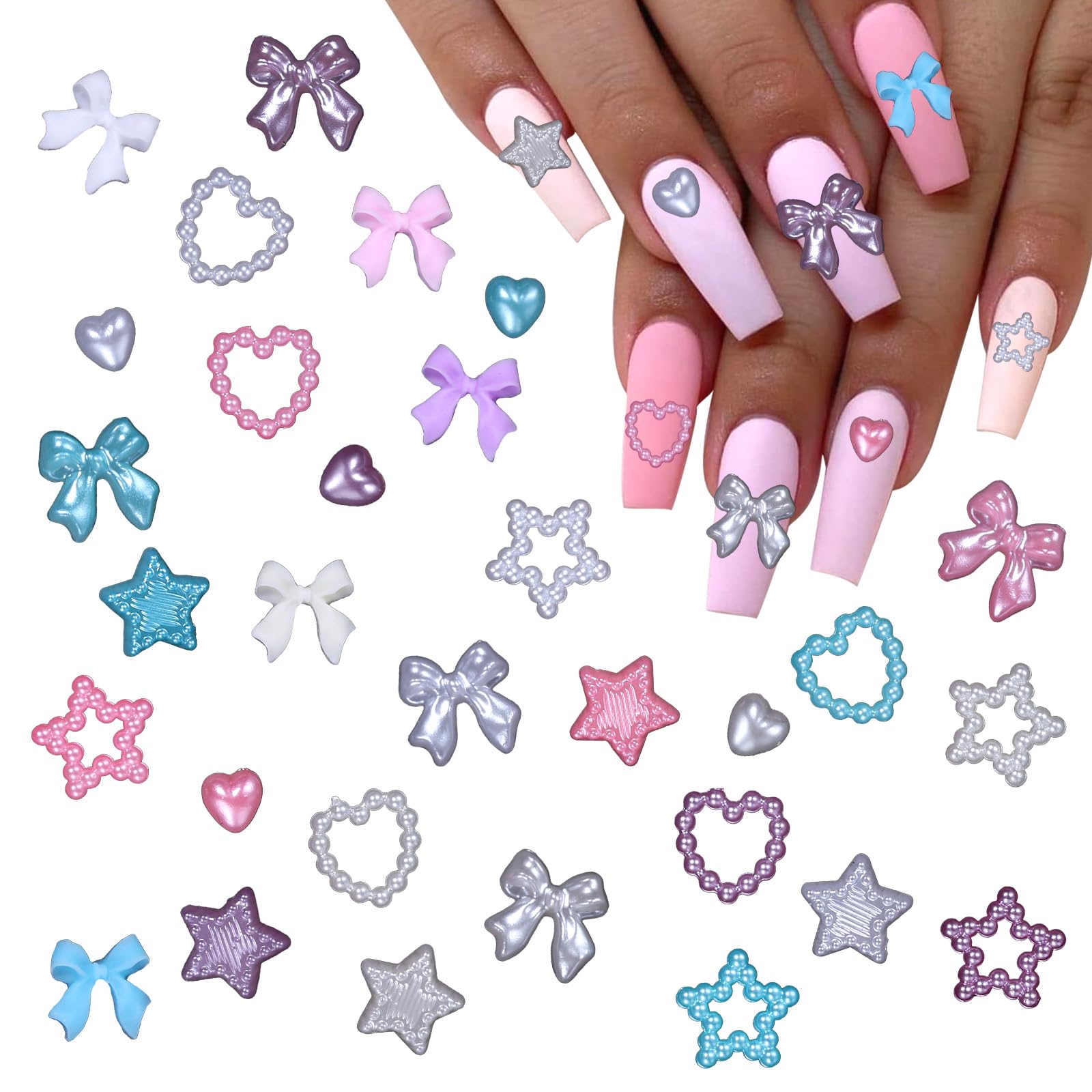 Bows Nail Charms and Flatback Nail Charms, Multi Colors Bows Nail Art Charms+Heart Star Nail Charms, Colorful Acrylic Nail Charms Pearls Nail Jewelry Charms for Nails Art DIY Crafts Accessories