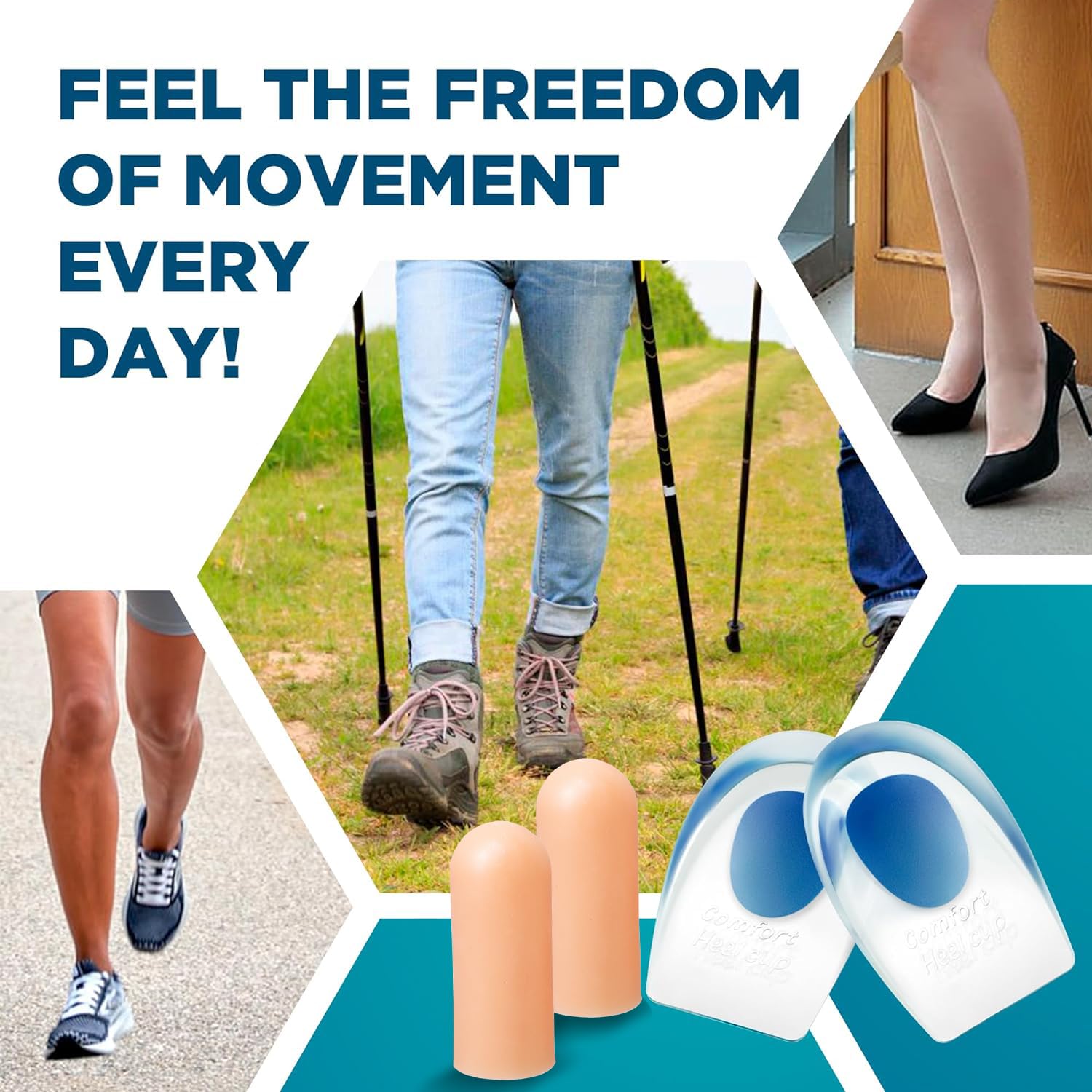 Gel Silicone Heel Cups/Pads - 2 Pack, Size L, Heel Lifts for Achilles Tendonitis, Soft Gel Toe Cap - 4 Small & 2 Big Toe Protectors for Women & Men