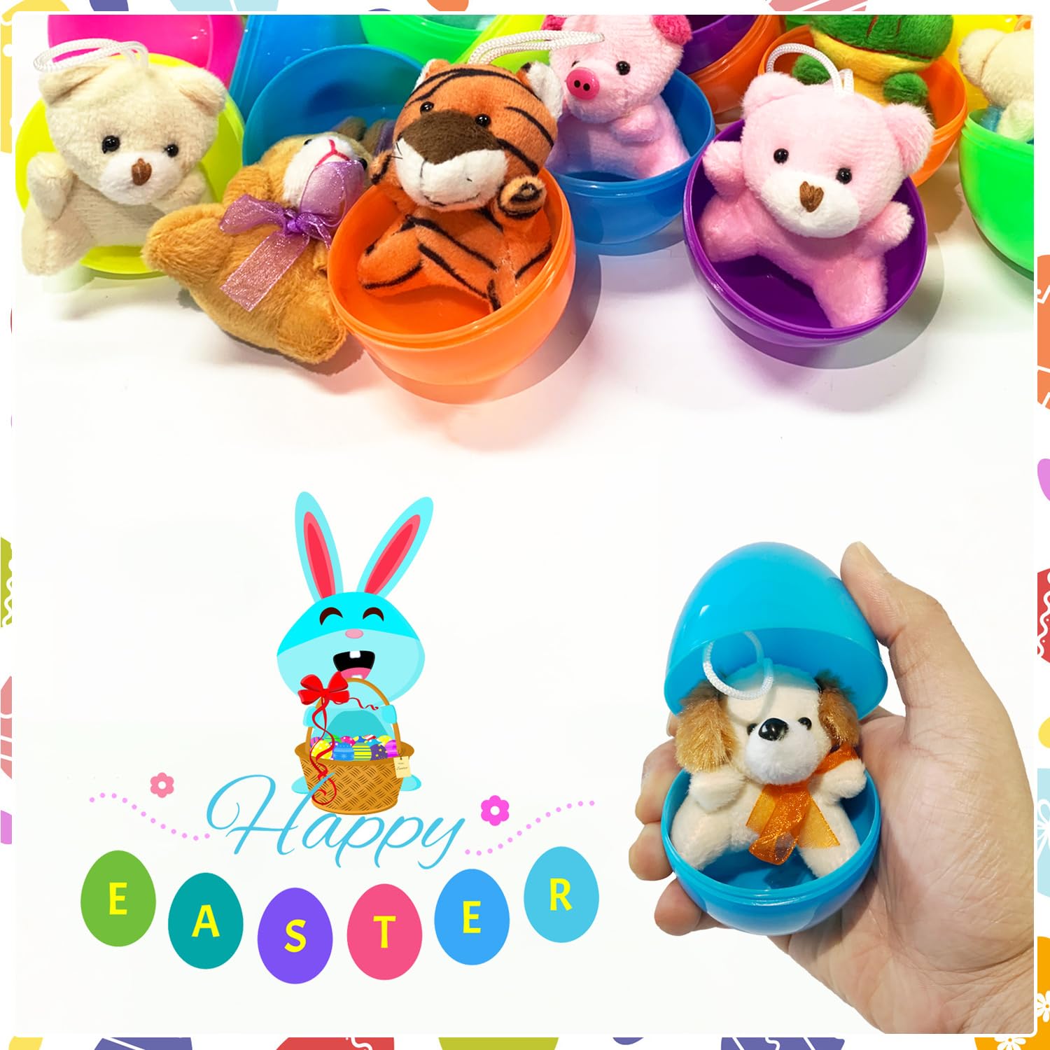 JIALWEN 12 Pack Filled Easter Eggs with Plush Animal, Easter Basket Stuffers Plastic Easter Eggs Prefilled Surprise Plush Toys Easter Gifts Hunt Party Favors for Toddler Boys Girls