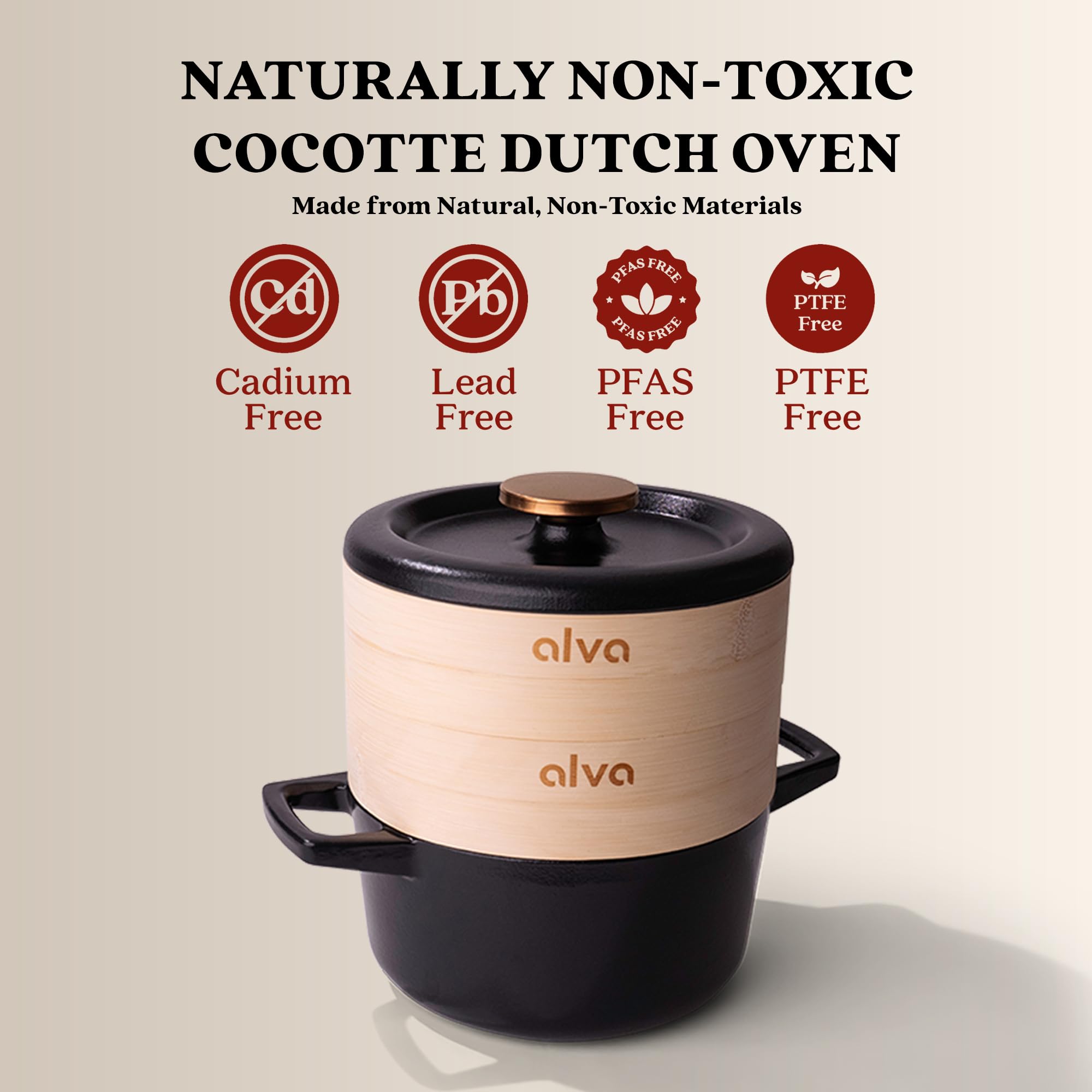 Alva Nori 2.6-Qt Enameled Cast Iron Dutch Oven Steamer Set – Made With No PTFE/PFOA/PFAS, Oven & Induction Safe – 3-Layer Enamel, No Seasoning Needed – Durable, Easy-Clean Cocotte with 2 Steamer Inserts