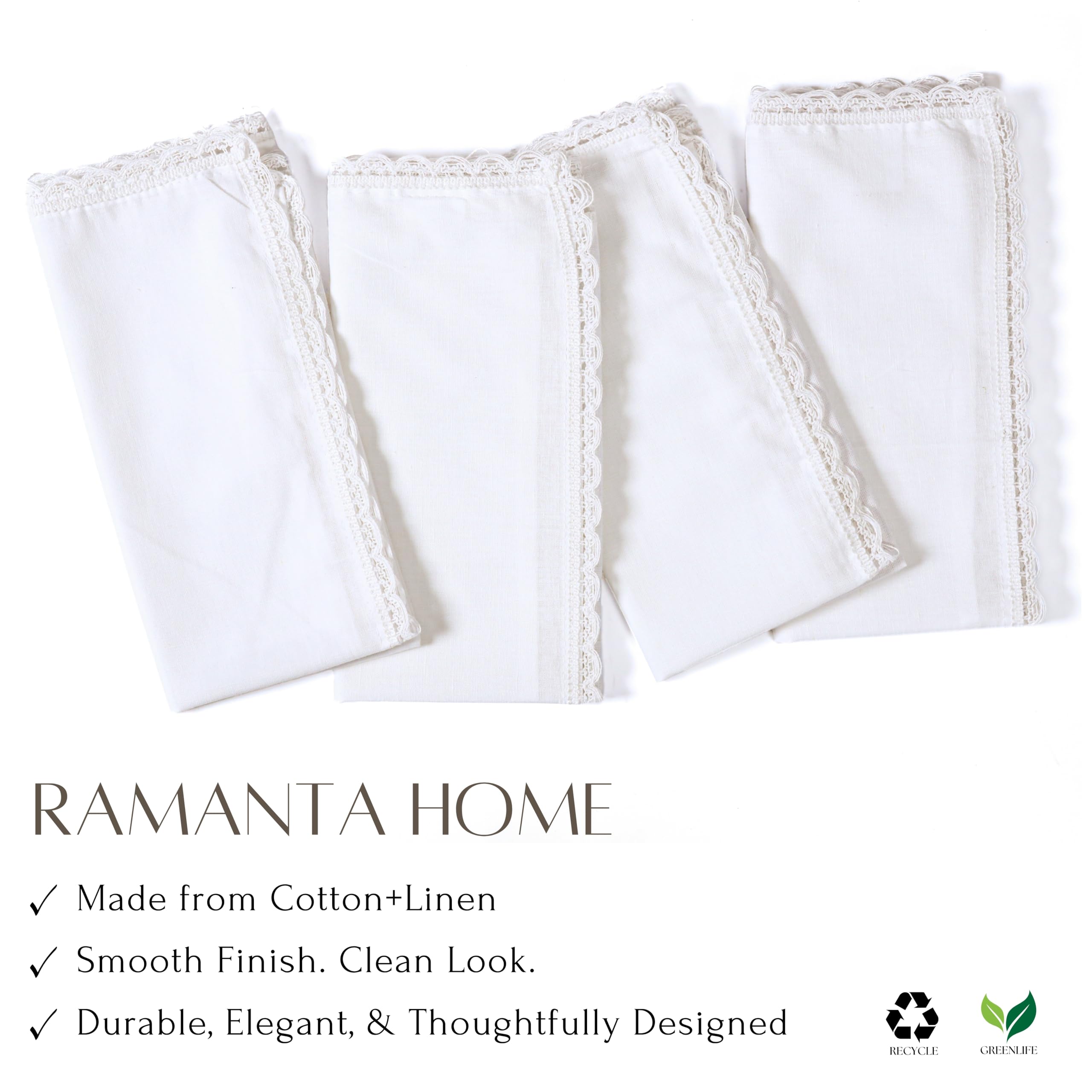 Ramanta Home Cloth Dinner Napkins Set of 12 Cotton Flax Fabric with Lace 20x20 Inch - Washable Fall Colors Table Linen Napkin for Christmas, Thanksgiving, Wedding, Cocktails or Everyday Use - White