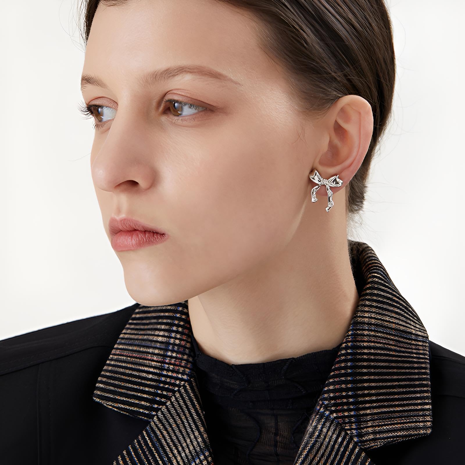 TONLUYAX Silver Bow Earrings Women Girls Ribbon Stud Earrings Hypoallergenic Bowknot Earrings Gift
