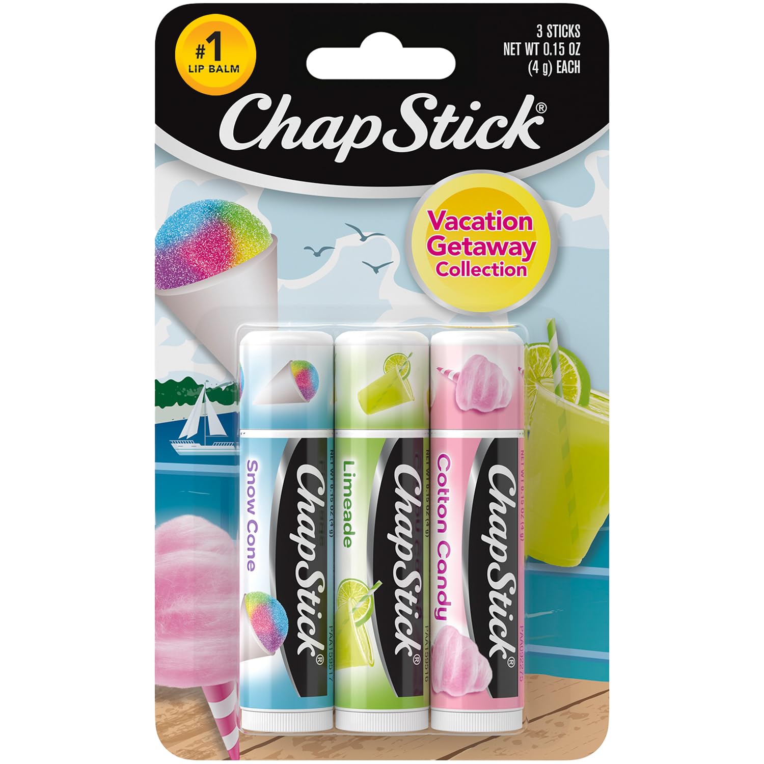 ChapStick Lip Care Set, Vacation Getaway Collection 3-Pack – Snow Cone, Limeade, Cotton Candy Lip Balm, 0.15 Oz Ea