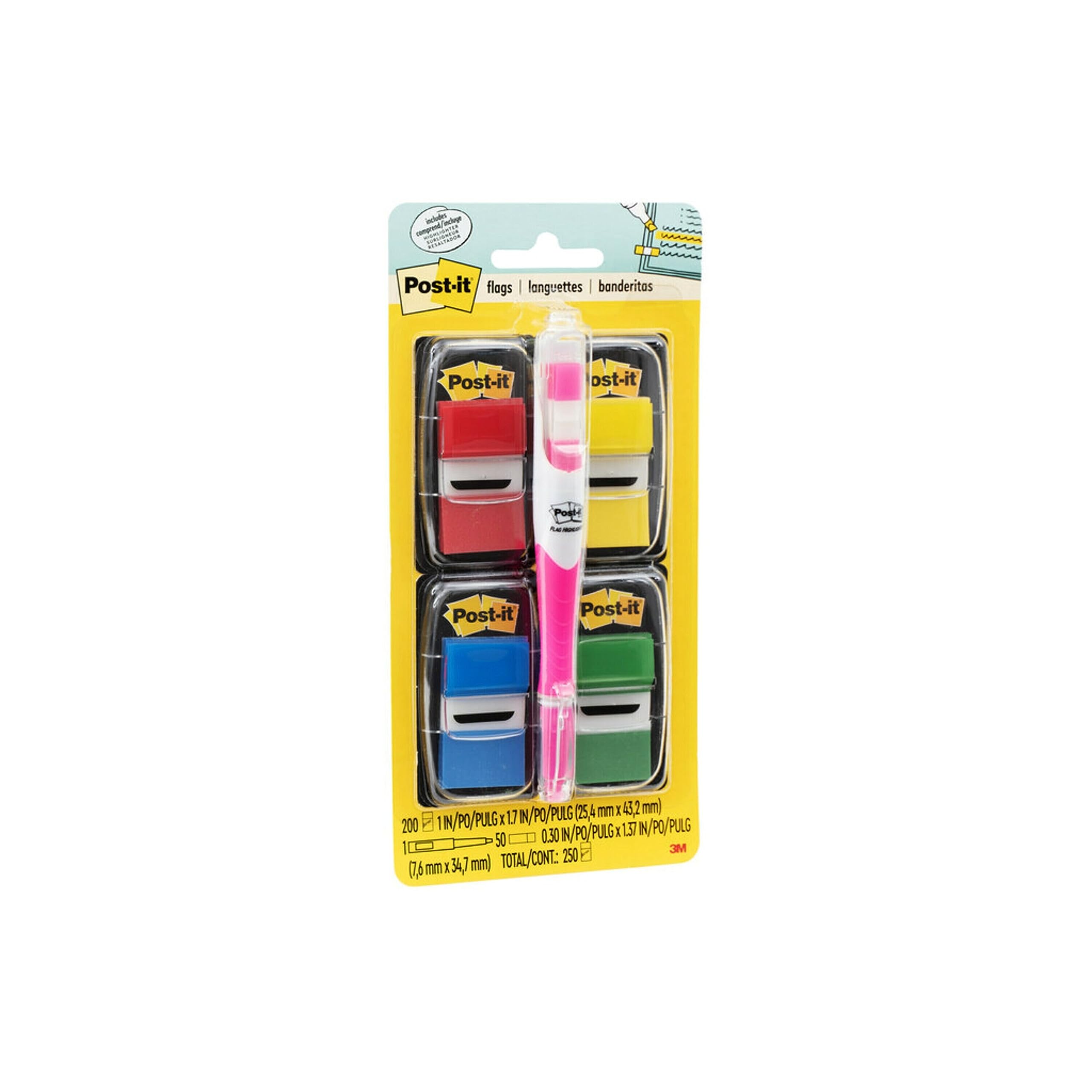 Post-it Flags Value Pack, 50/Dispenser, 4 Dispensers/Pack, 1 in Wide, Assorted Colors, Includes Free Flags + Highlighter (680-RYBGVA)
