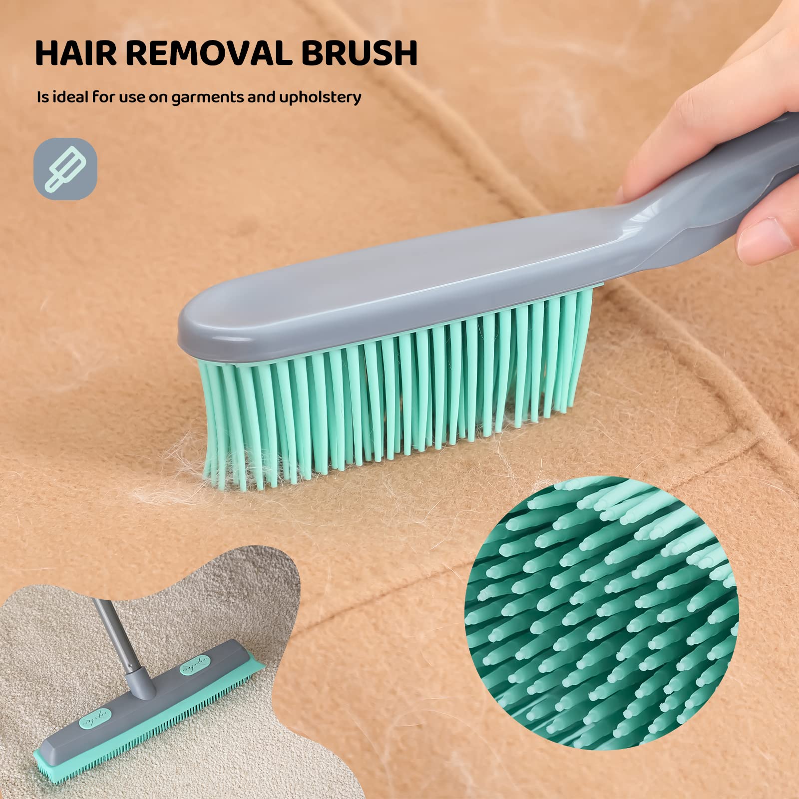 Conliwell Rubber Broom Carpet Rake for Pet Hair, Fur Remover Broom with Squeegee, Portable Detailing Lint Remover Brush (Iron)