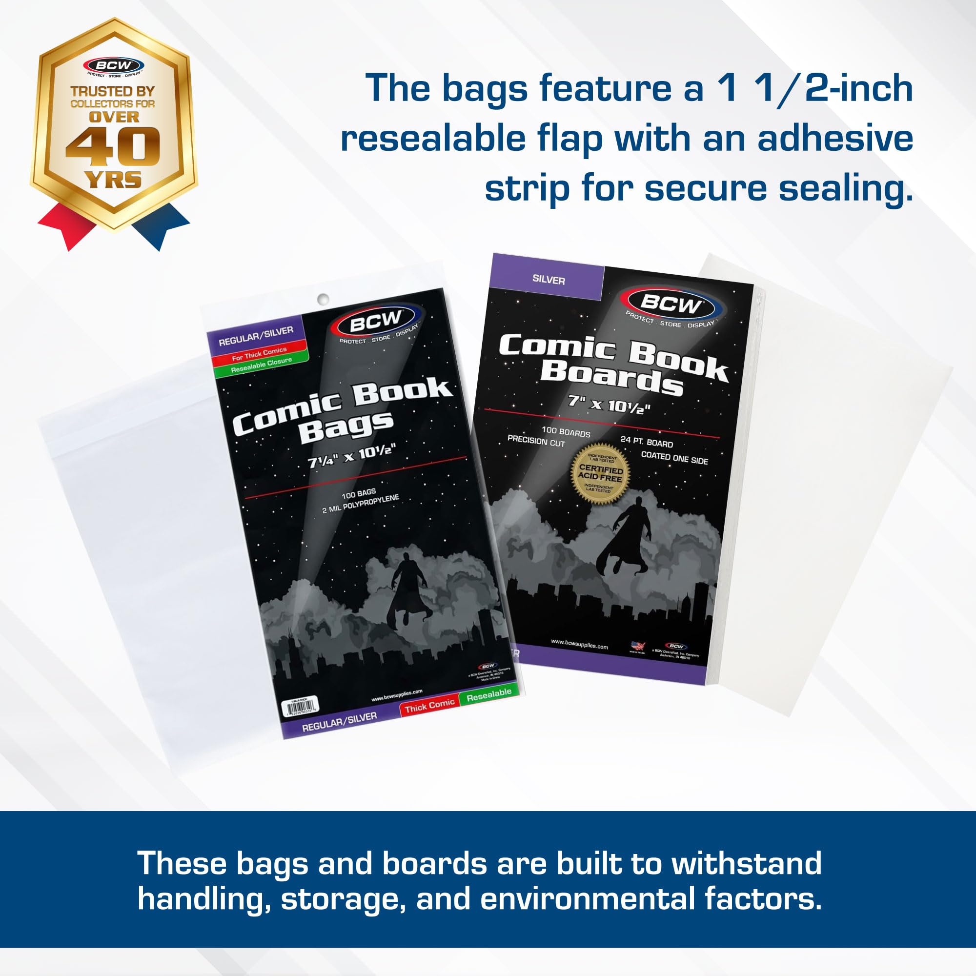 BCW Resealable Silver/Regular Comic Bags & BCW Silver Comic Backing Boards | Comic Book Bags Boards | Acid-Free Storage for Silver Age Comics | Comic Book Sleeves and Boards | 100 Bags & 100 Boards