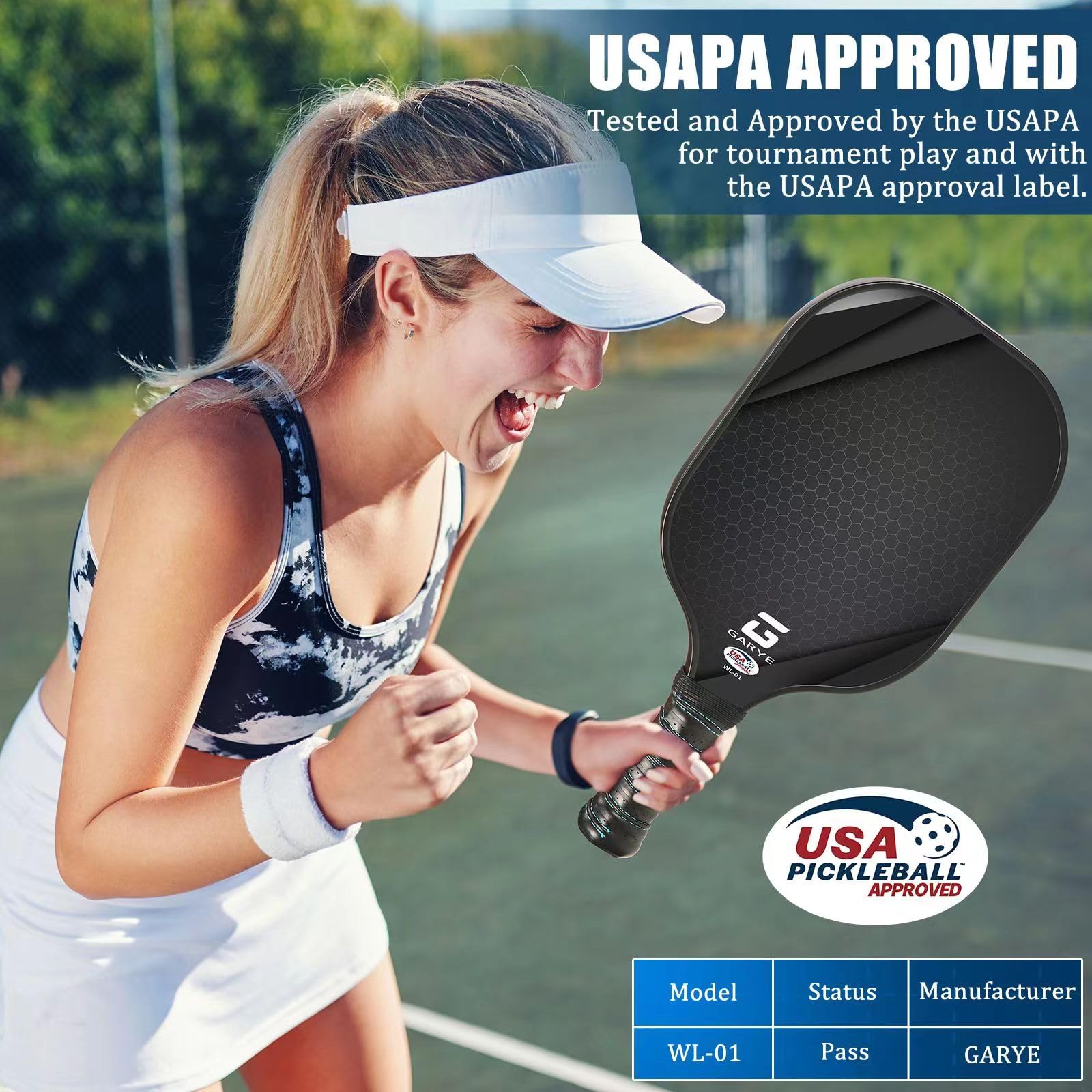 GARYE Pickleball Paddles Set of 4, Carbon Fiber Pickle Ball Paddle, USAPA Approved Lightweight Rackets 4 Pack for Adults and Teenagers, Includes 6 Balls, 1 Bag, and 4 Grip Tapes.