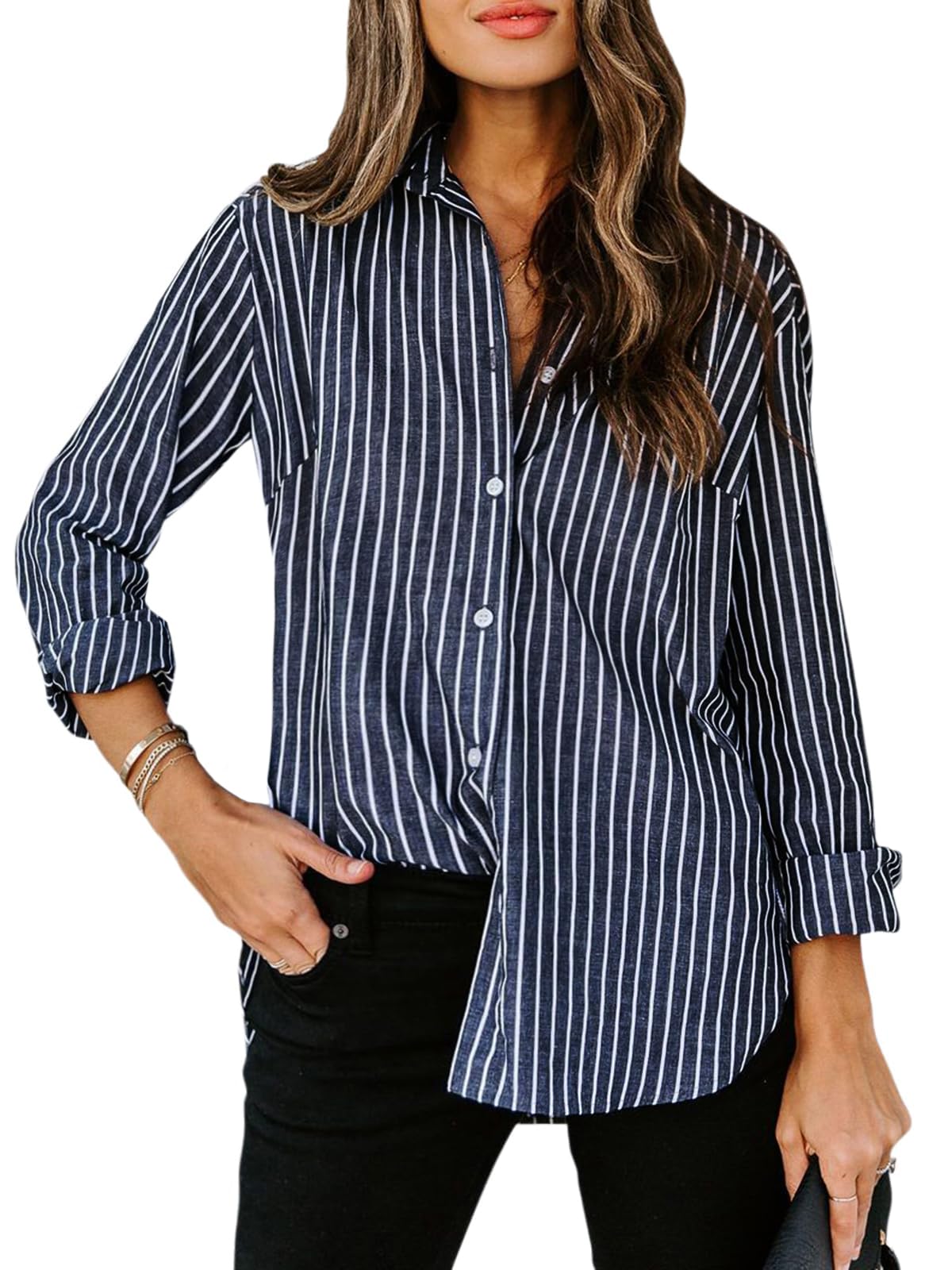 siliteelon Womens Button Down Shirts Cotton Striped Dress Shirt Long Sleeve Collared Office Work Blouses Tops - Deep Gray Striped L