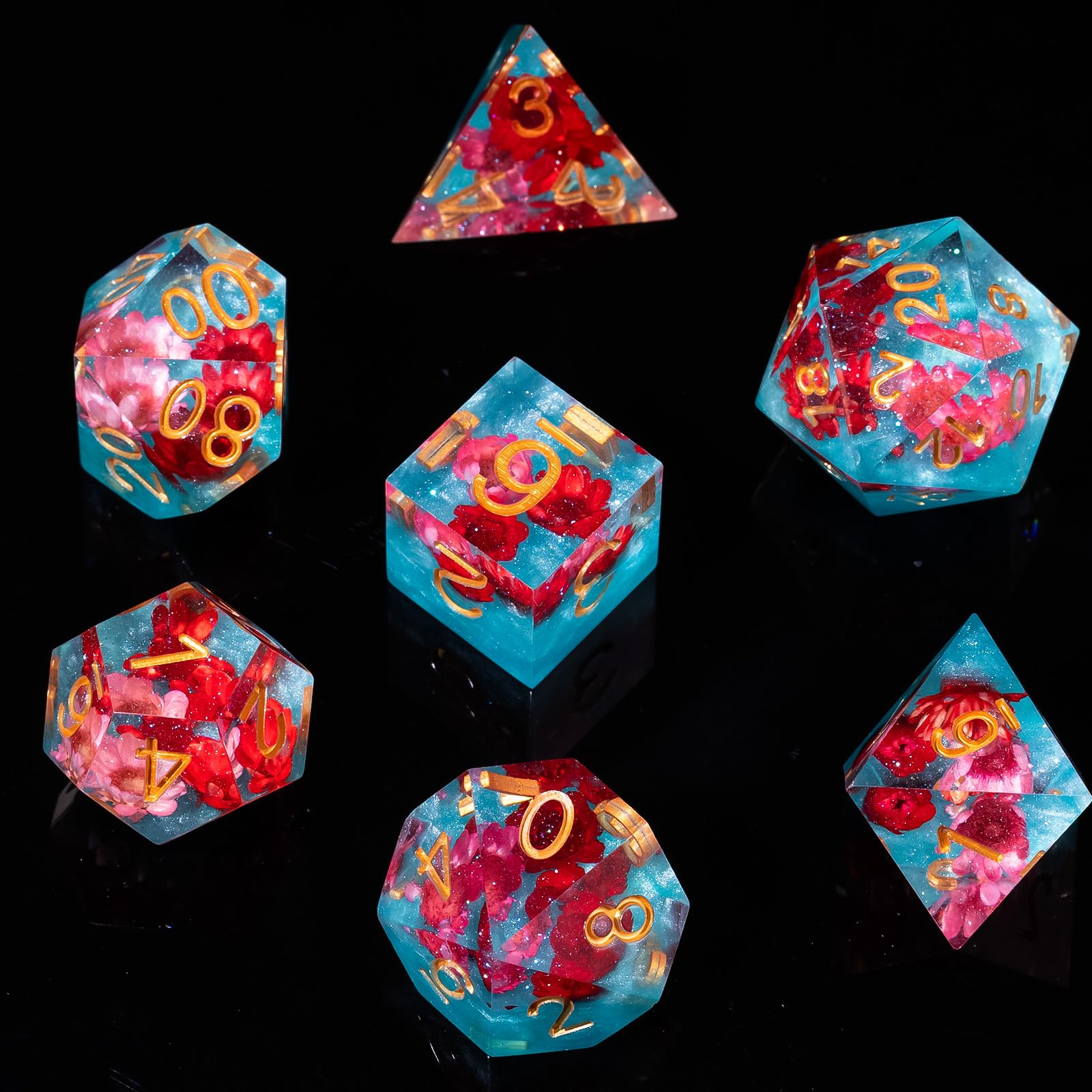 Fugacity DND Dice Set,Handmade Sharp Edge 7 Piece Resin Dice-Dungeons and Dragons Polyhedral Dice Set, D&D Dice Set with Gift Dice Case for RPG MTG Table Games(Red Flower & Blue)