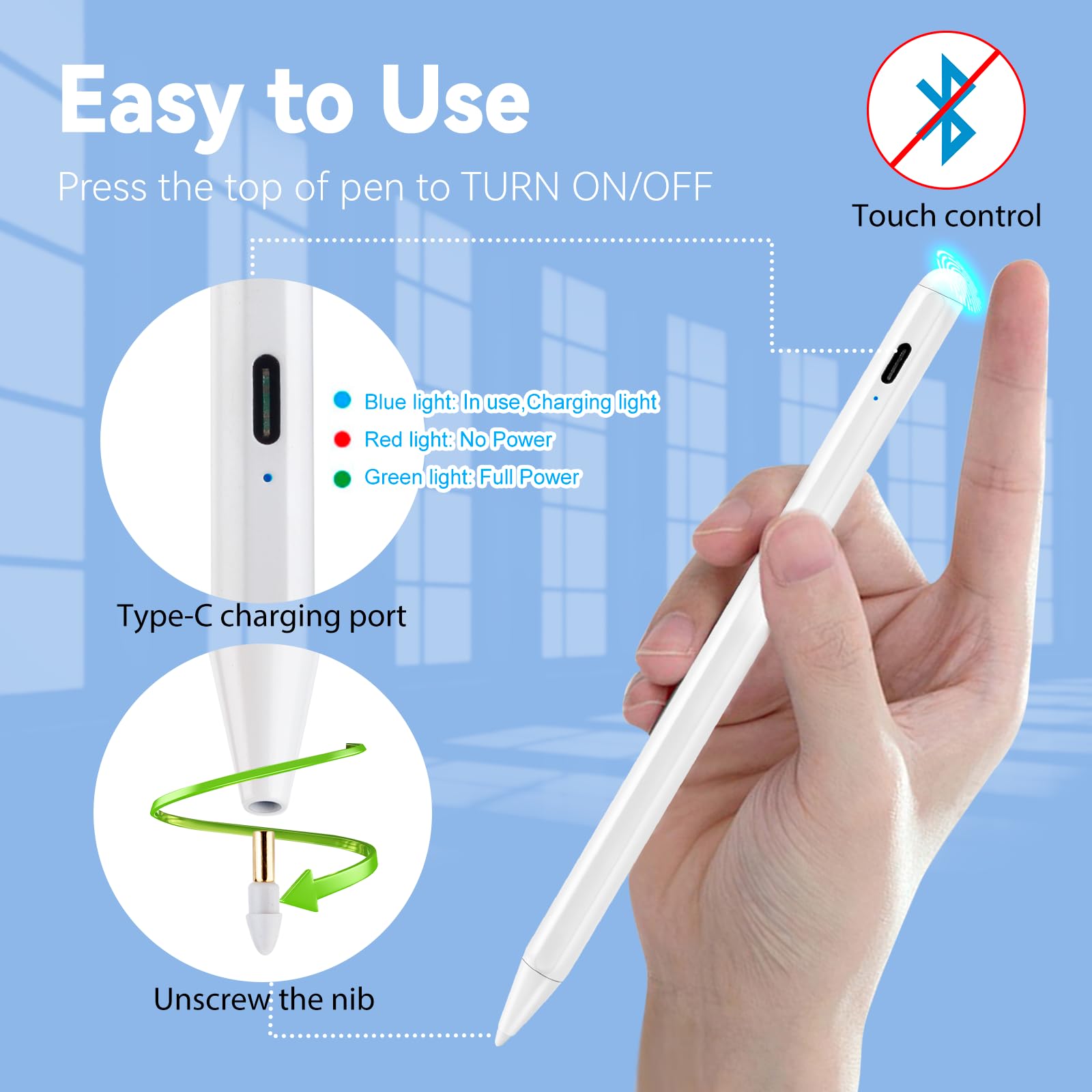 iPad Pro 11" Stylus Pencil,1.5mm Replaceable Pom Palm Rejection Tip Active Pen Compatible with Apple Magnetic Pencil for iPad Pro 11 Inch Stylus on Drawing Writing Sketching White