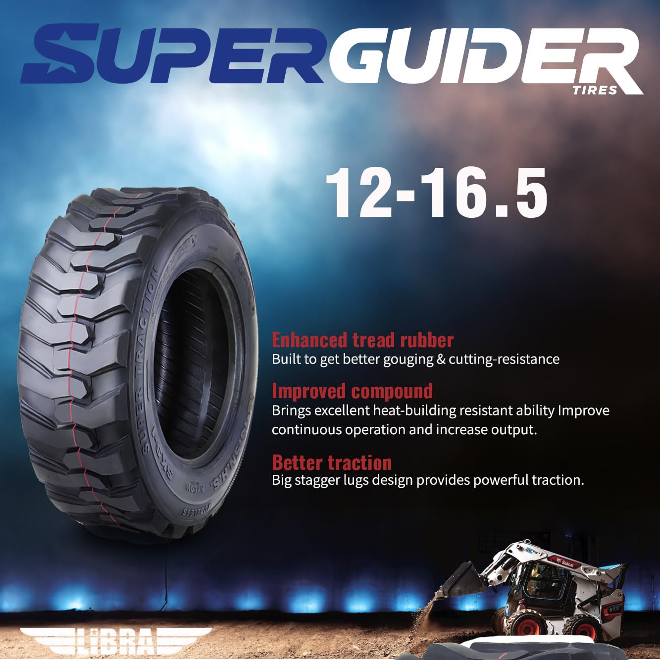 Set 4 New Super Guider Heavy Duty 12-16.5 12x16.5/12 Ply Industrial Skid Steer Tire w/Rim Guard