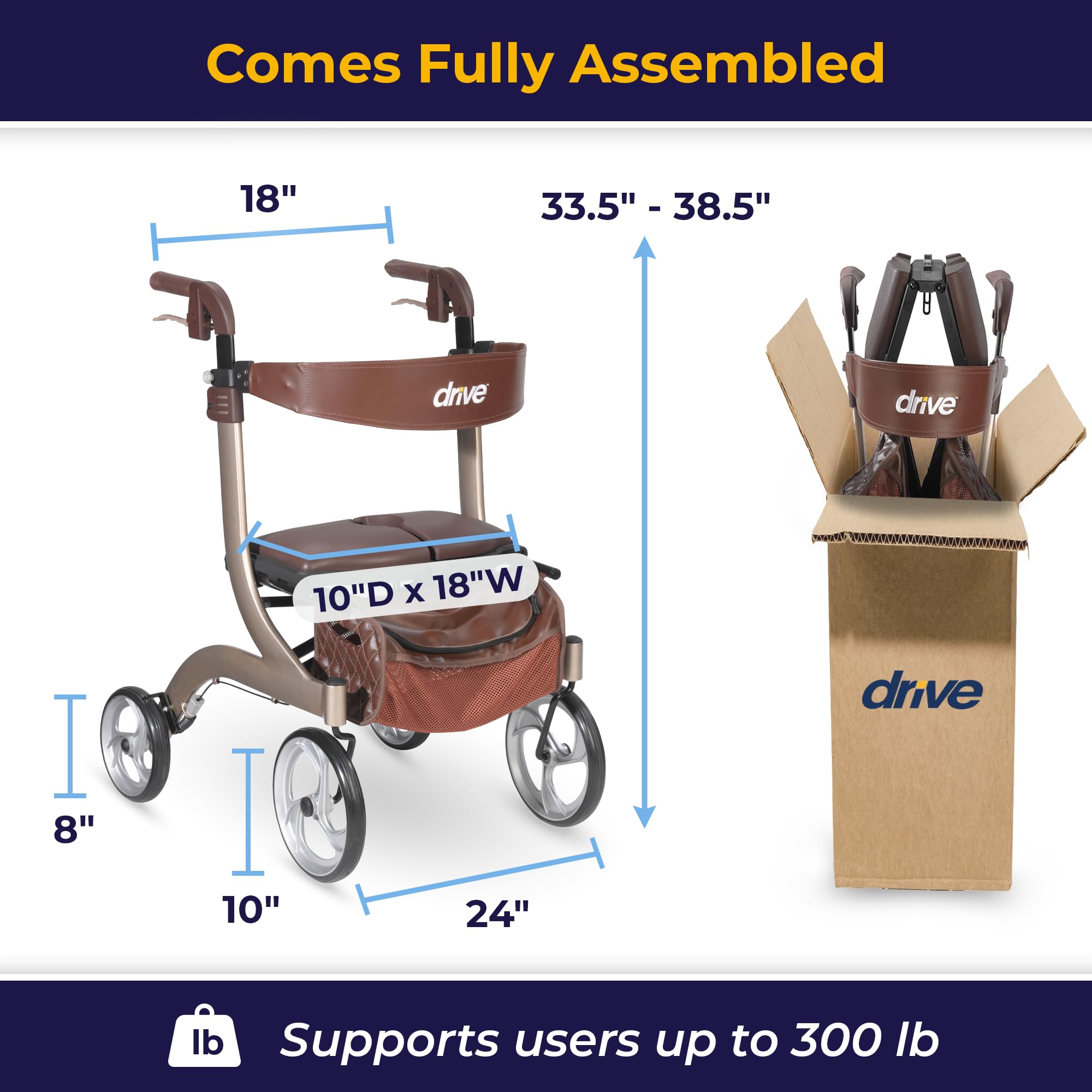 Drive Medical Nitro DLX Foldable Rollator Walker for Seniors & Adults - Hand Activated Brakes - Padded Seat - Storage Bag - 10 Inch Front Wheels - Folding Mobility Aid - Champagne