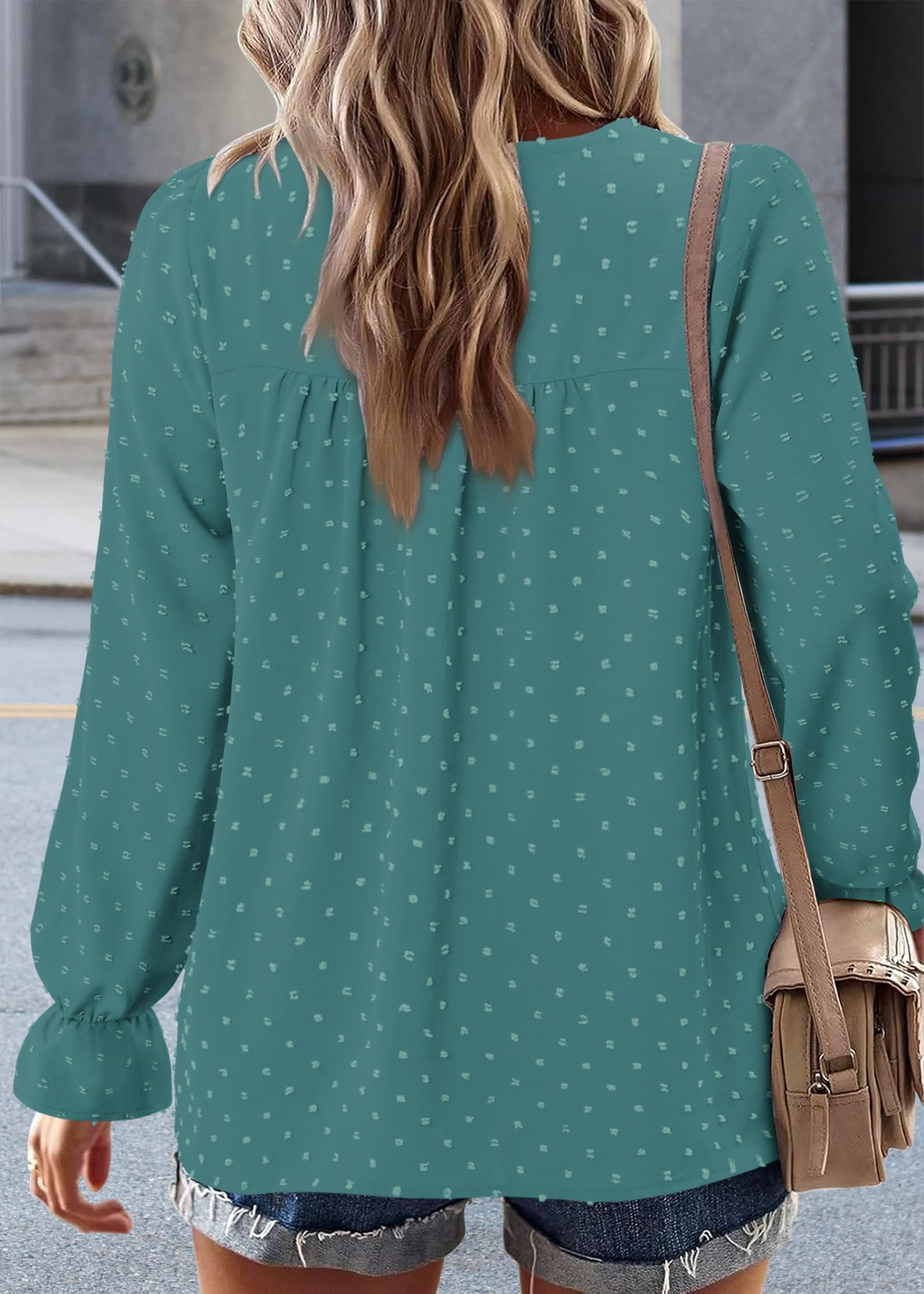 BETTE BOUTIK Shirts Womens Boho Long Sleeve Fall Chiffon Blouses Dressy Casual Flowy Loose Cute Spring Tops Crew Neck Babydoll Western Crochet Shirt Agate Green L