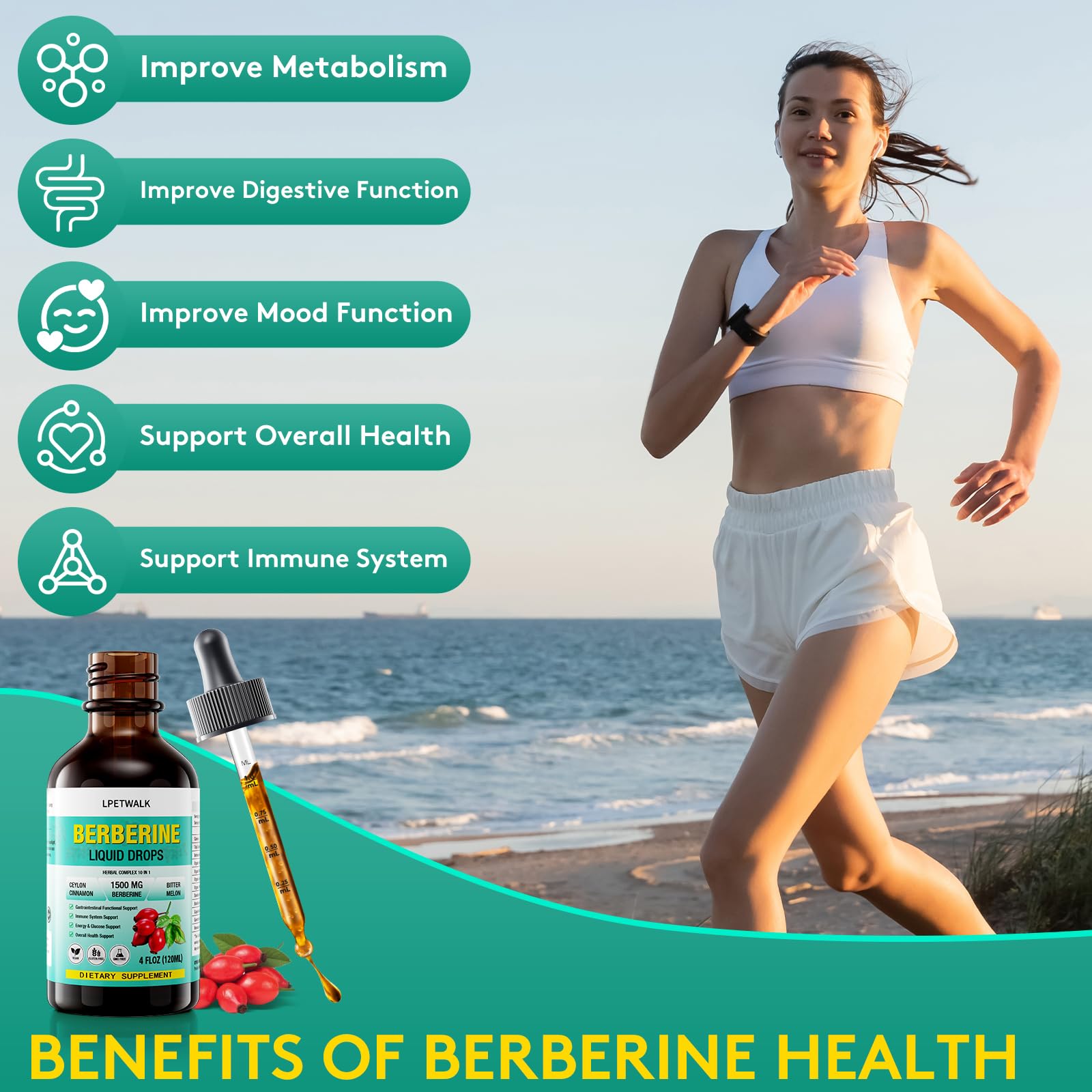 LPETWALK 4 FL Oz Organic Berberine Liquid Drops - Premium Berberine Supplement with Ceylon Cinnamon, Bitter Melon, Sugar-Free & Vegan Supplement Berberine Leaves Liquid, 98% Absorption - 120ML