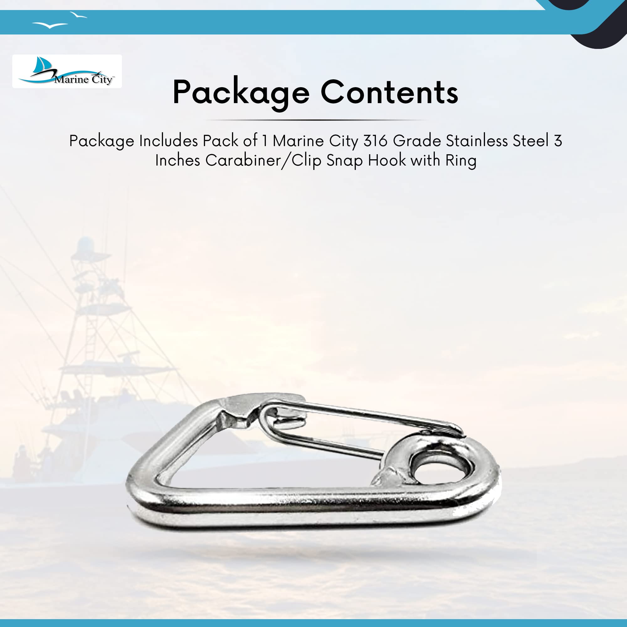 MARINE CITY 316 Grade Stainless Steel Carabiner Spring Snap Hook with Ring 2 Inches for Climbing – Fishing – Hiking (Pack of 1)