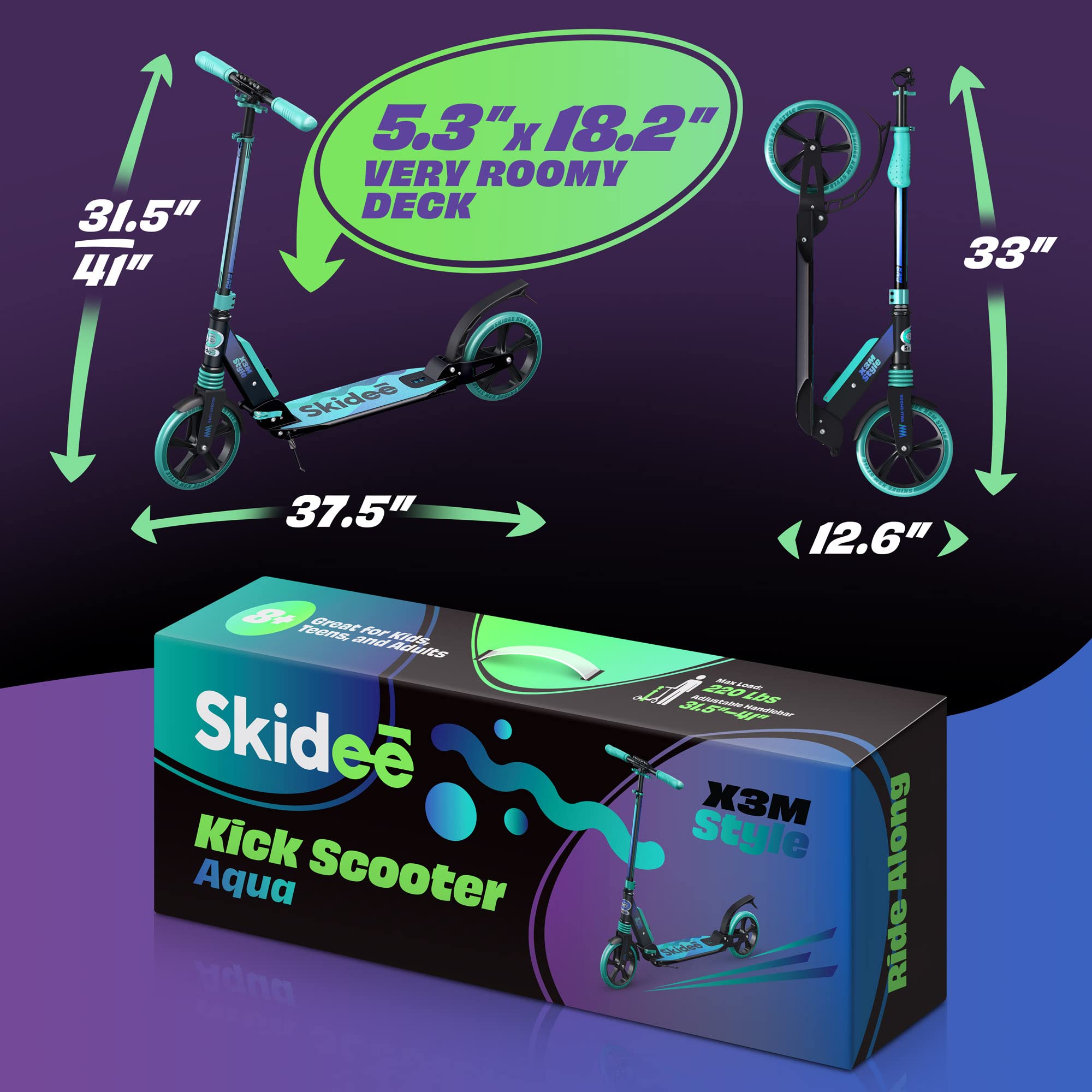 Skidee Kick Scooter for Kids Ages 6+ - Adjustable Handlebar Up to 41" High, Large Wheels, Anti-Shock Suspension - Foldable, Lightweight Scooters for Kids, Teens & Adults, Max Load 220 Lbs
